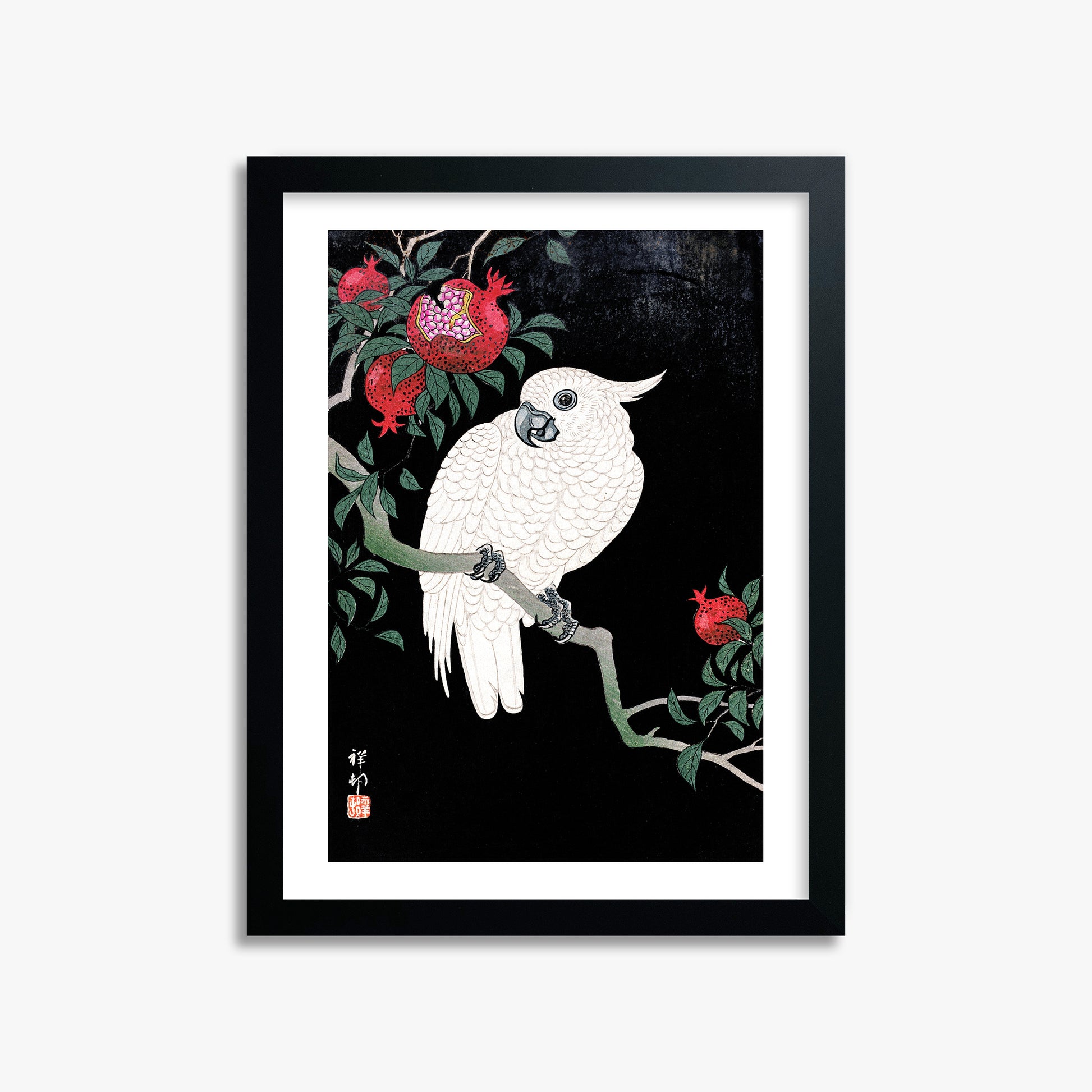 Ohara Koson: Cockatoo and Pomegranate, 30x40cm Framed Art Reproduction With Black Frame