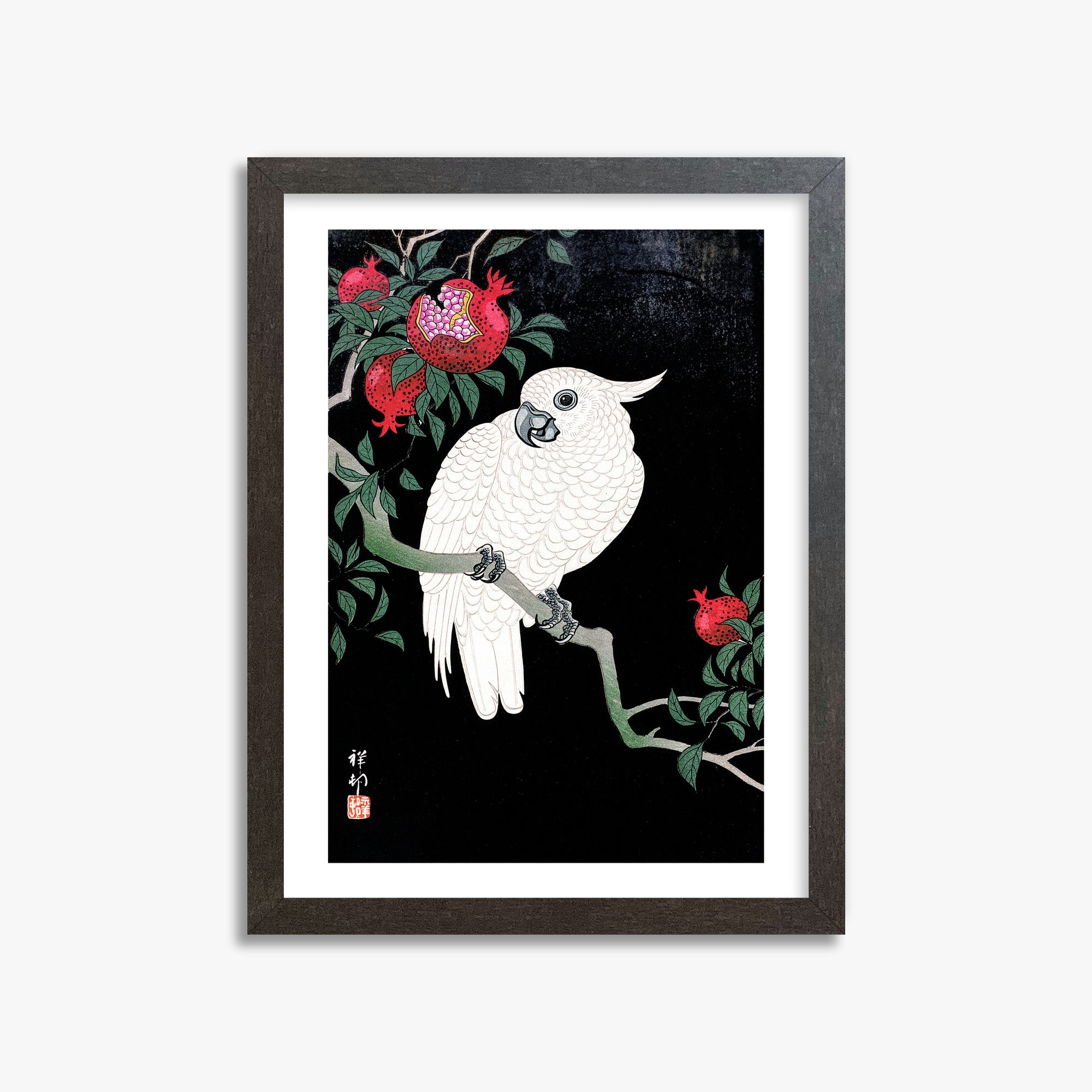 Ohara Koson: Cockatoo and Pomegranate, 30x40cm Framed Art Reproduction With Espresso Frame