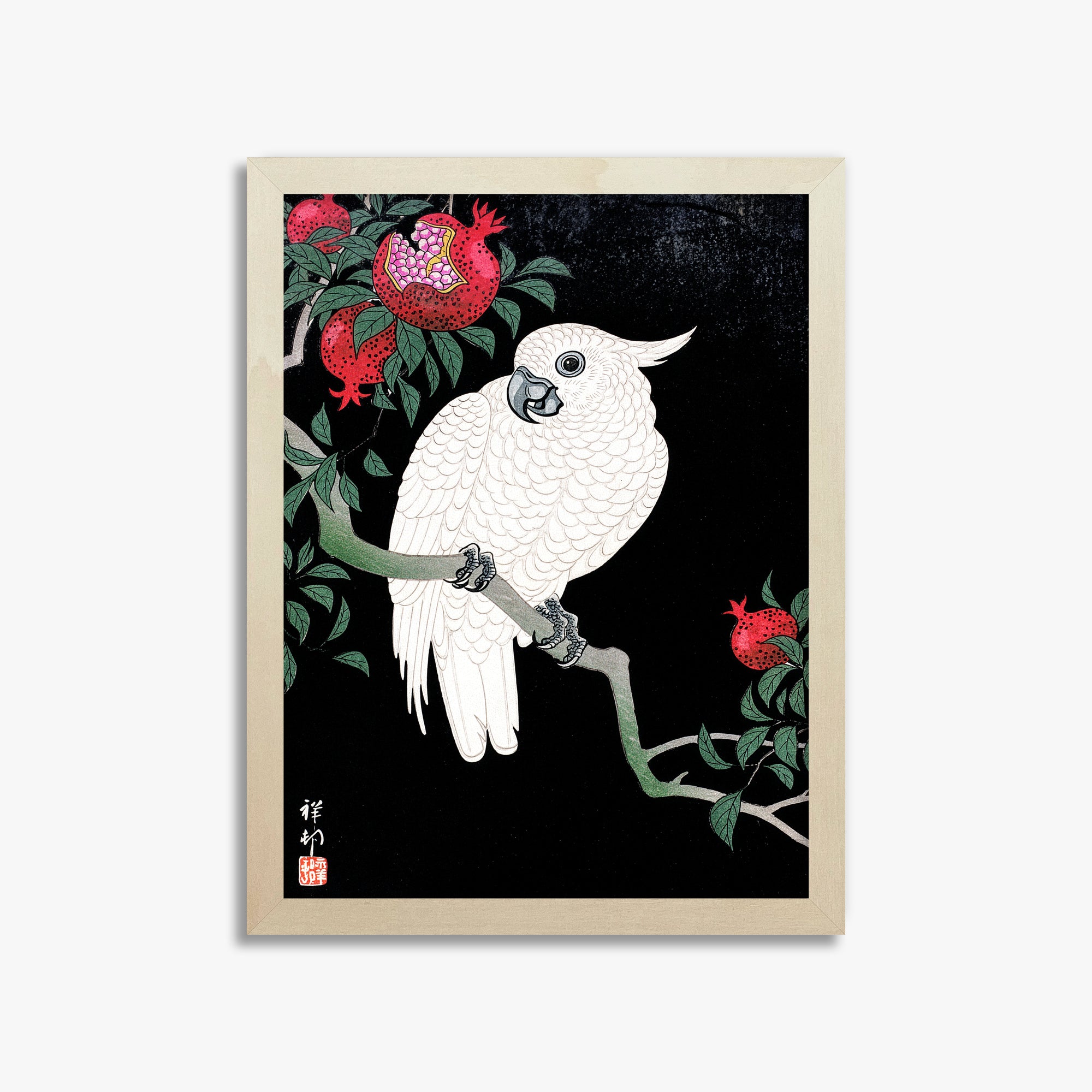 Ohara Koson: Cockatoo and Pomegranate, 30x40cm Framed Art Reproduction With Lime Wood Frame