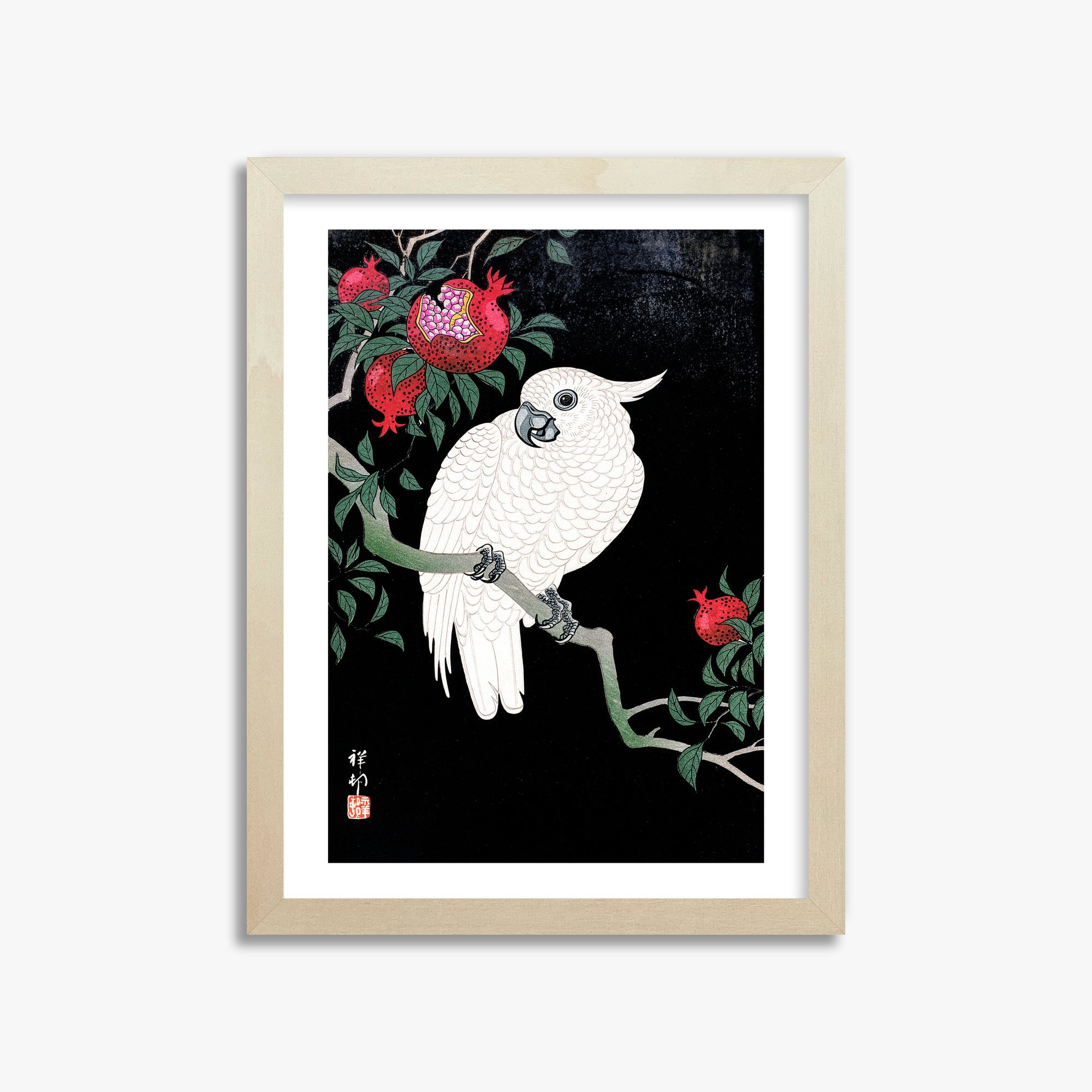Ohara Koson: Cockatoo and Pomegranate, 30x40cm Framed Art Reproduction With Lime Wood Frame