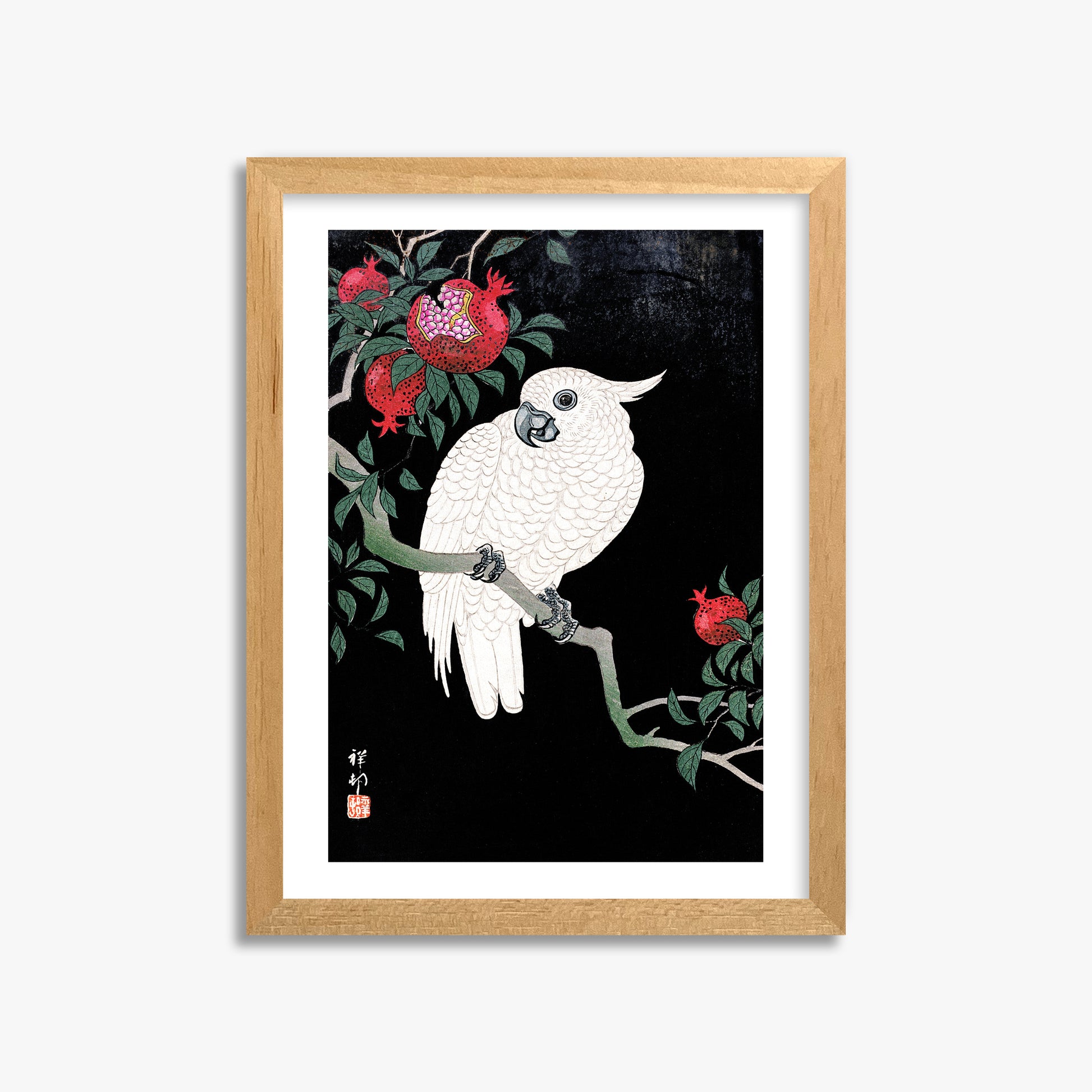 Ohara Koson: Cockatoo and Pomegranate, 30x40cm Framed Art Reproduction With Oak Frame