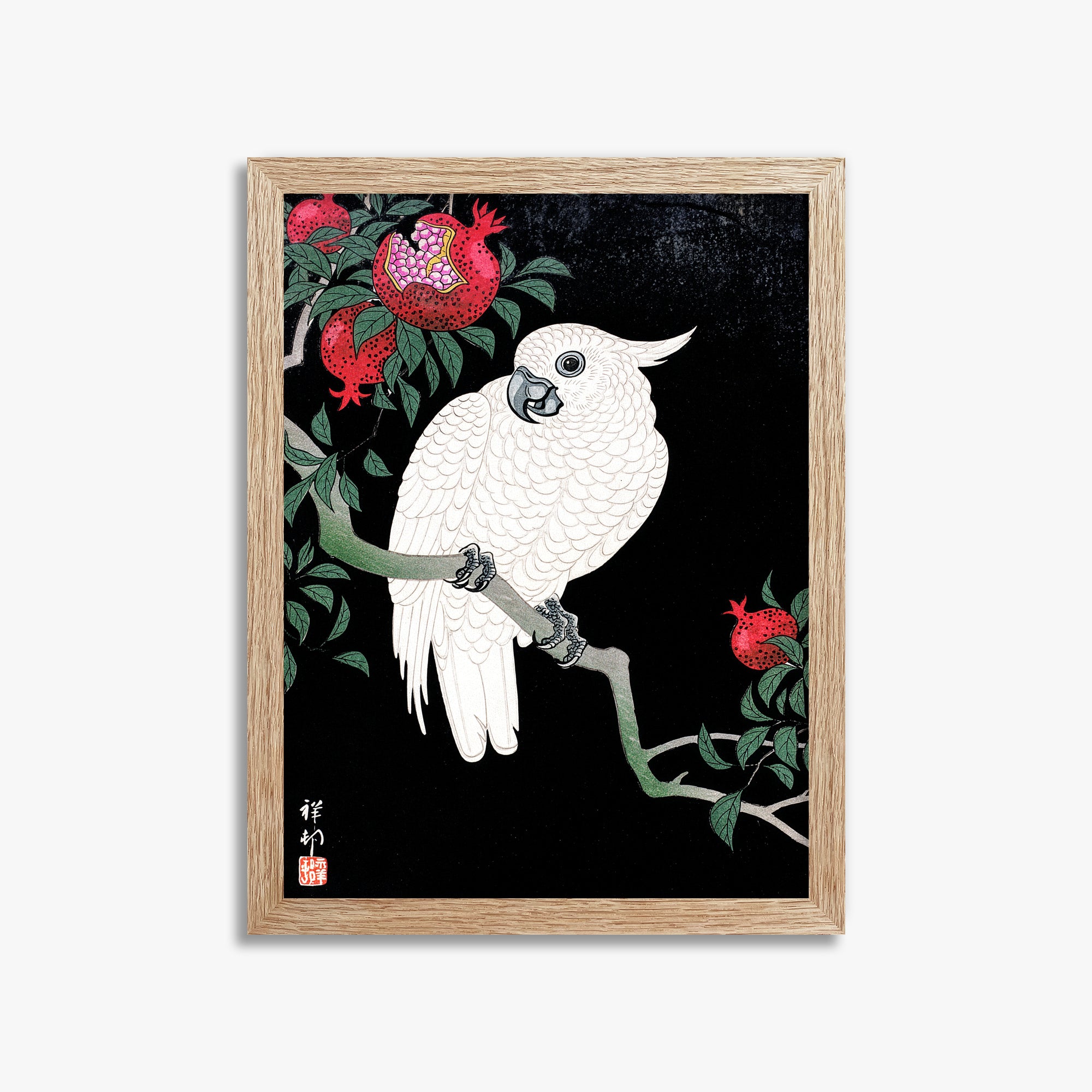 Ohara Koson: Cockatoo and Pomegranate, 30x40cm Framed Art Reproduction With Raw Oak Frame