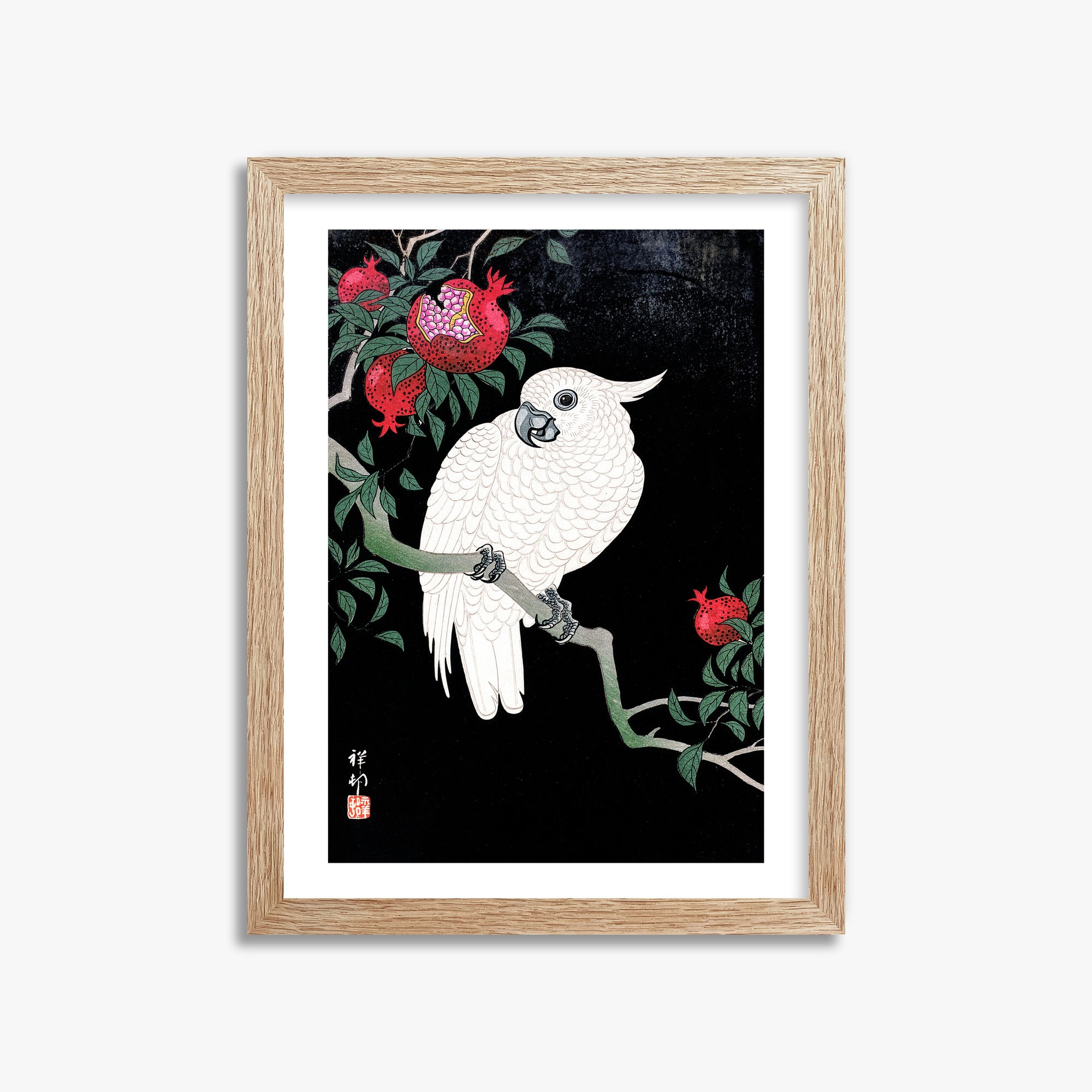 Ohara Koson: Cockatoo and Pomegranate, 30x40cm Framed Art Reproduction With Raw Oak Frame