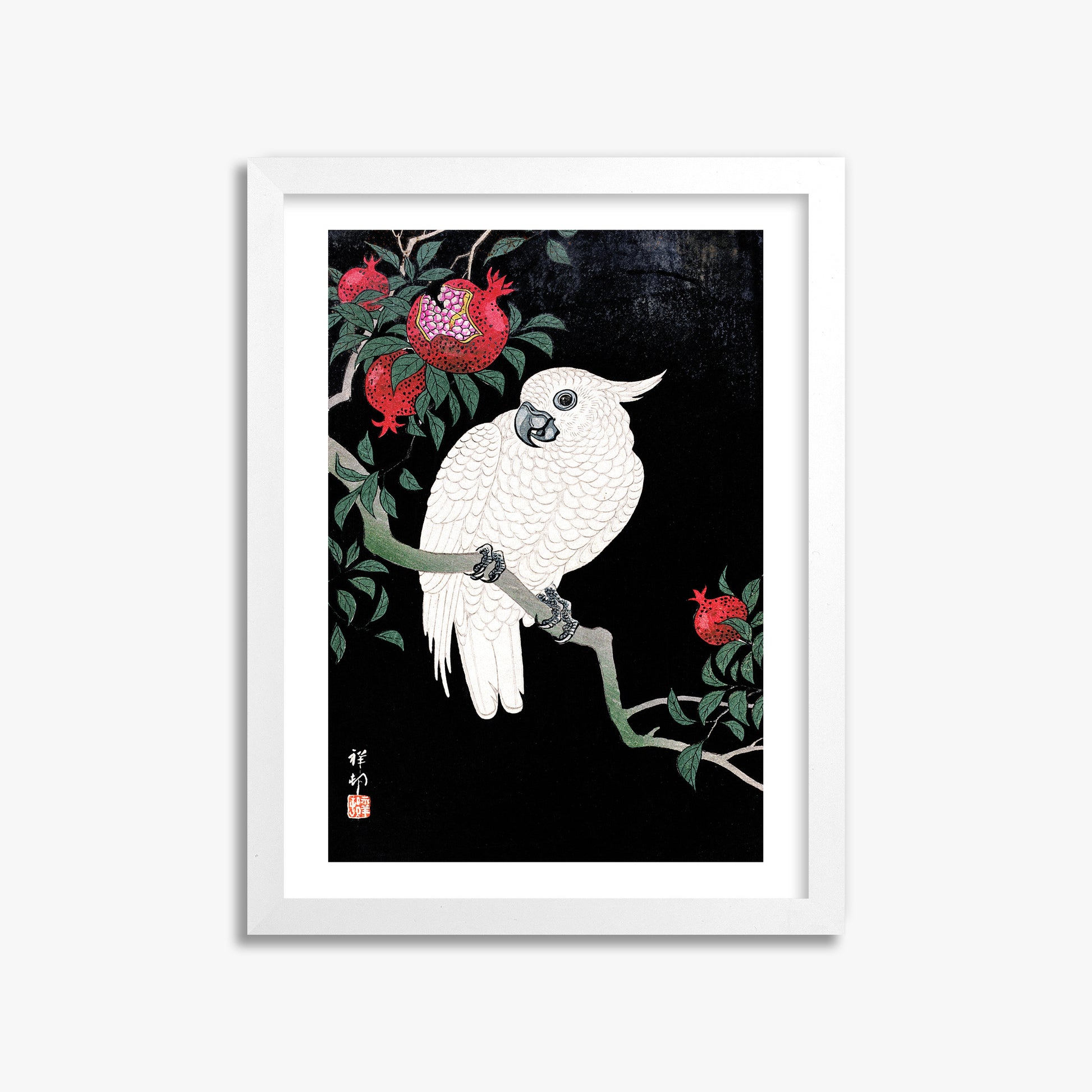 Ohara Koson: Cockatoo and Pomegranate, 30x40cm Framed Art Reproduction With White Frame