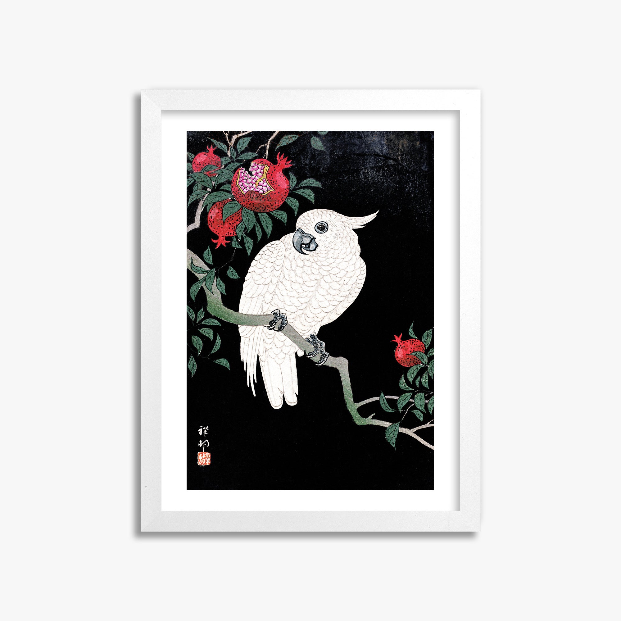 Ohara Koson: Cockatoo and Pomegranate, 30x40cm Framed Art Reproduction With White Frame