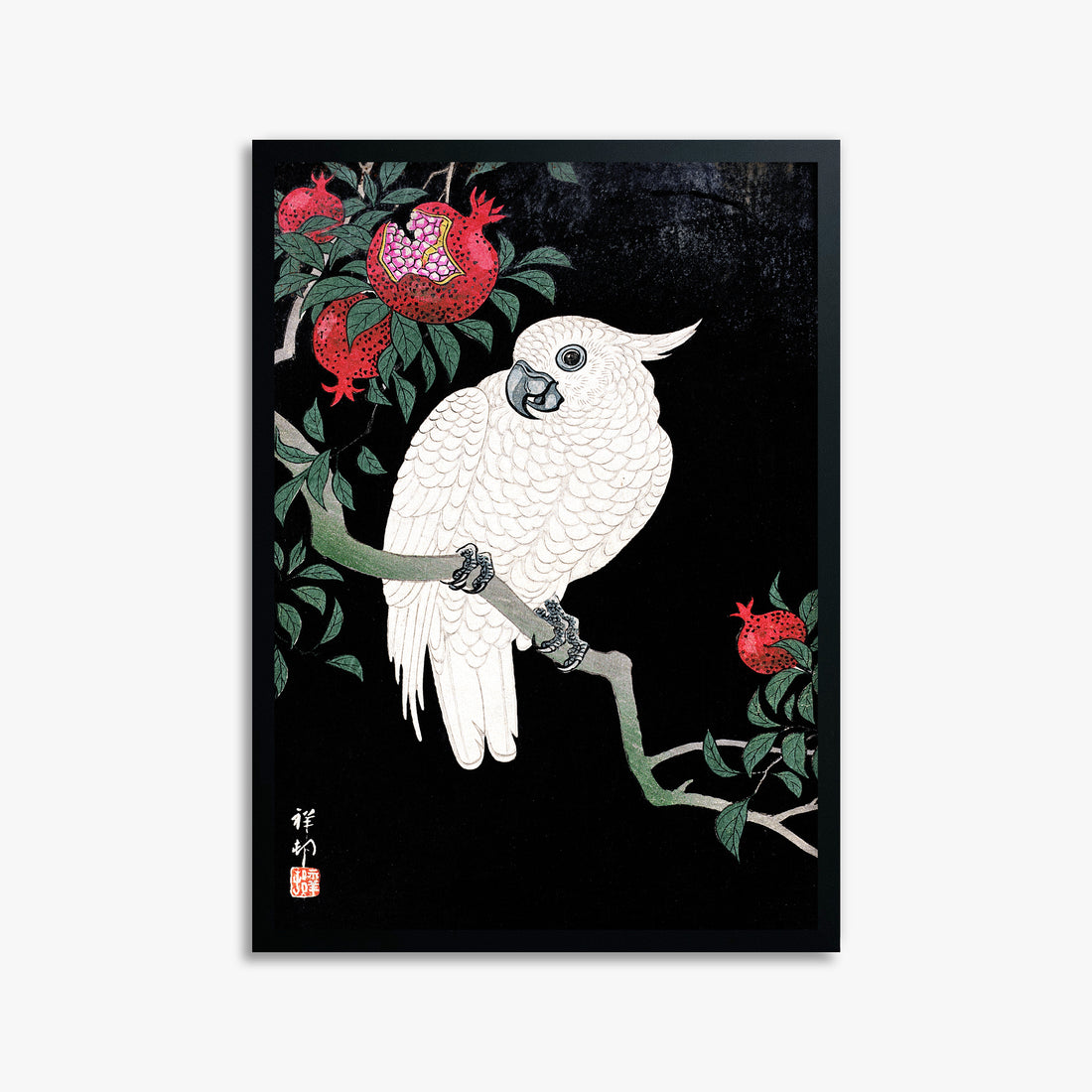 Ohara Koson: Cockatoo and Pomegranate, 50x70cm Framed Art Reproduction With Black Frame