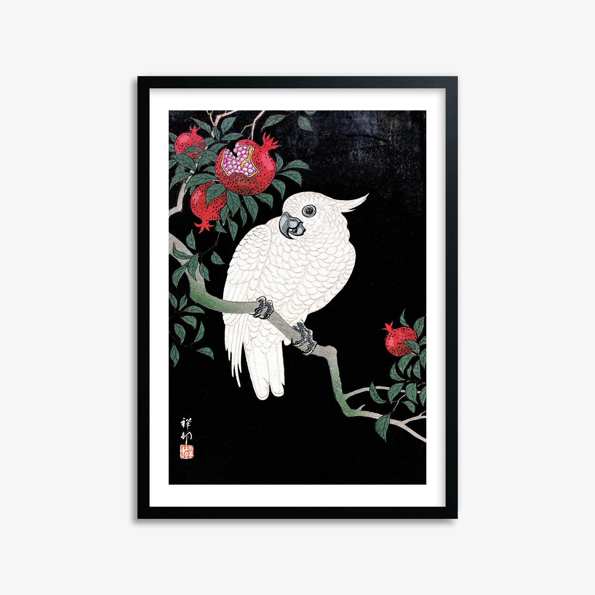 Ohara Koson: Cockatoo and Pomegranate, 50x70cm Framed Art Reproduction With Black Frame