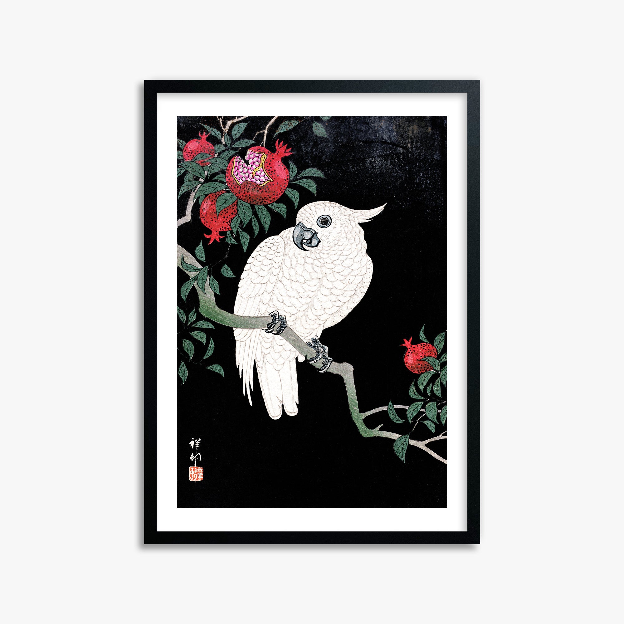 Ohara Koson: Cockatoo and Pomegranate, 50x70cm Framed Art Reproduction With Black Frame