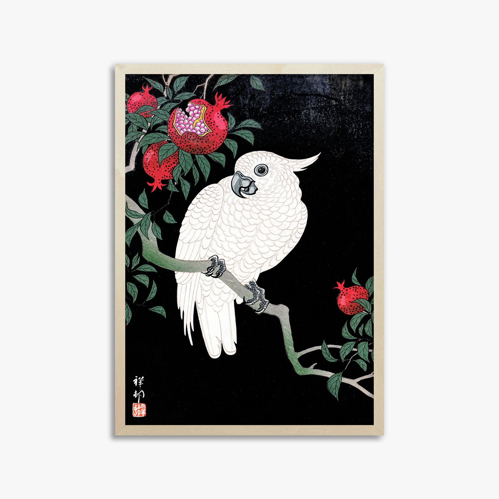 Ohara Koson: Cockatoo and Pomegranate, 50x70cm Framed Art Reproduction With Lime Wood Frame