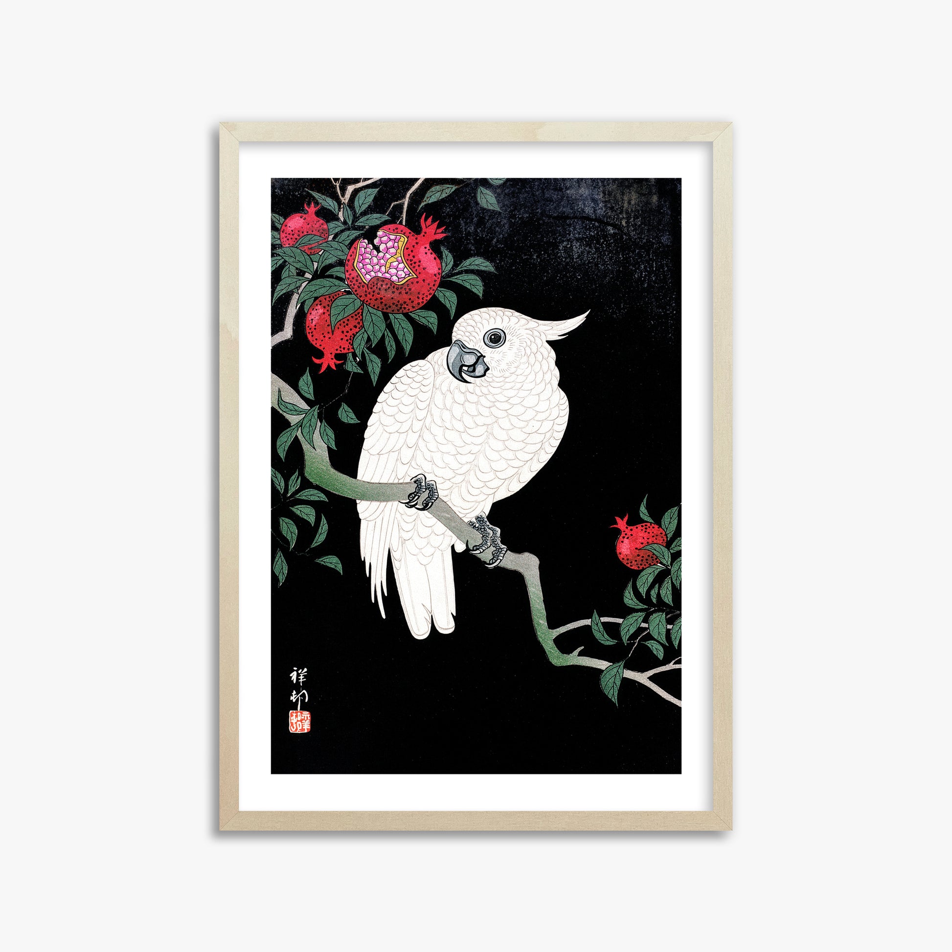 Ohara Koson: Cockatoo and Pomegranate, 50x70cm Framed Art Reproduction With Lime Wood Frame