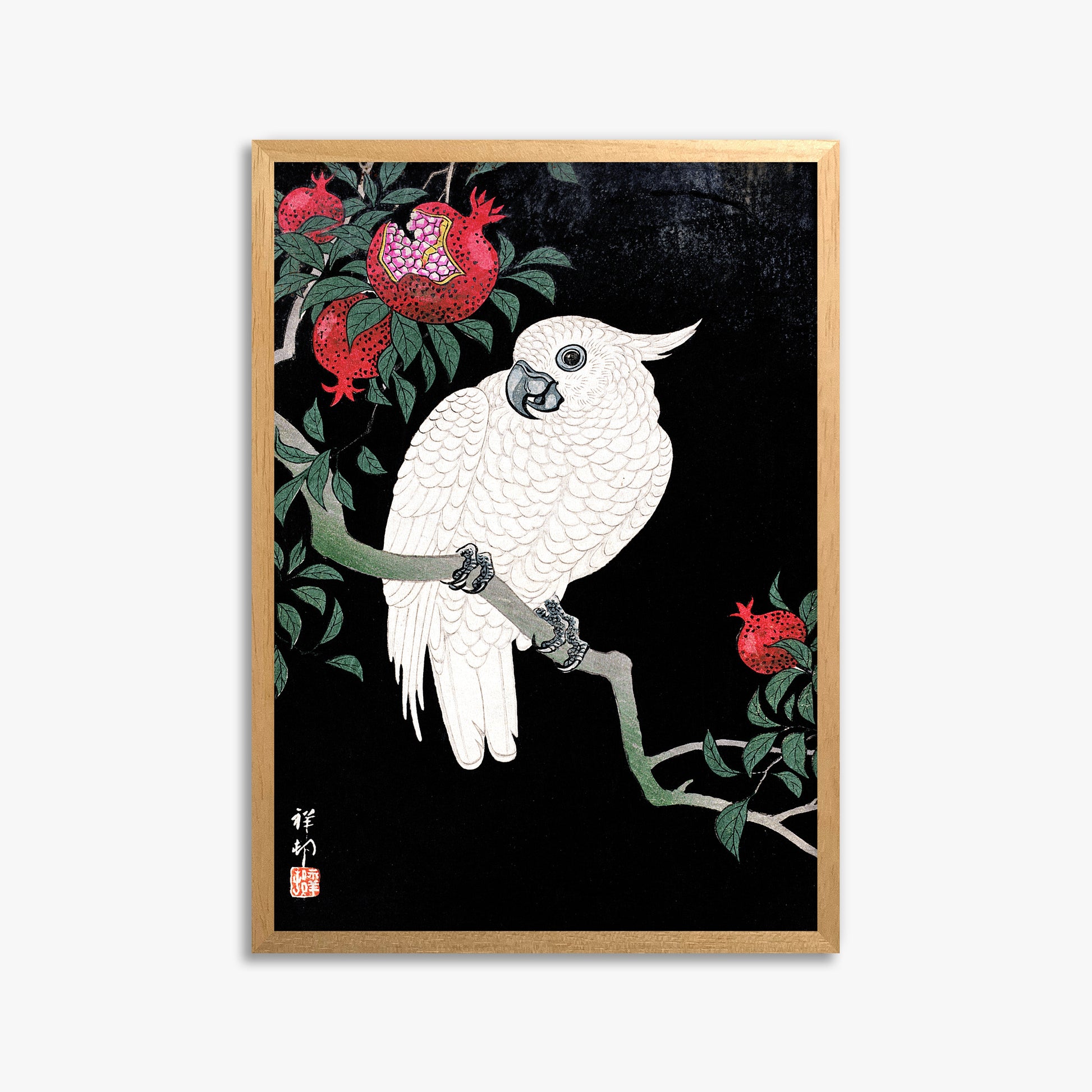 Ohara Koson: Cockatoo and Pomegranate, 50x70cm Framed Art Reproduction With Oak Frame