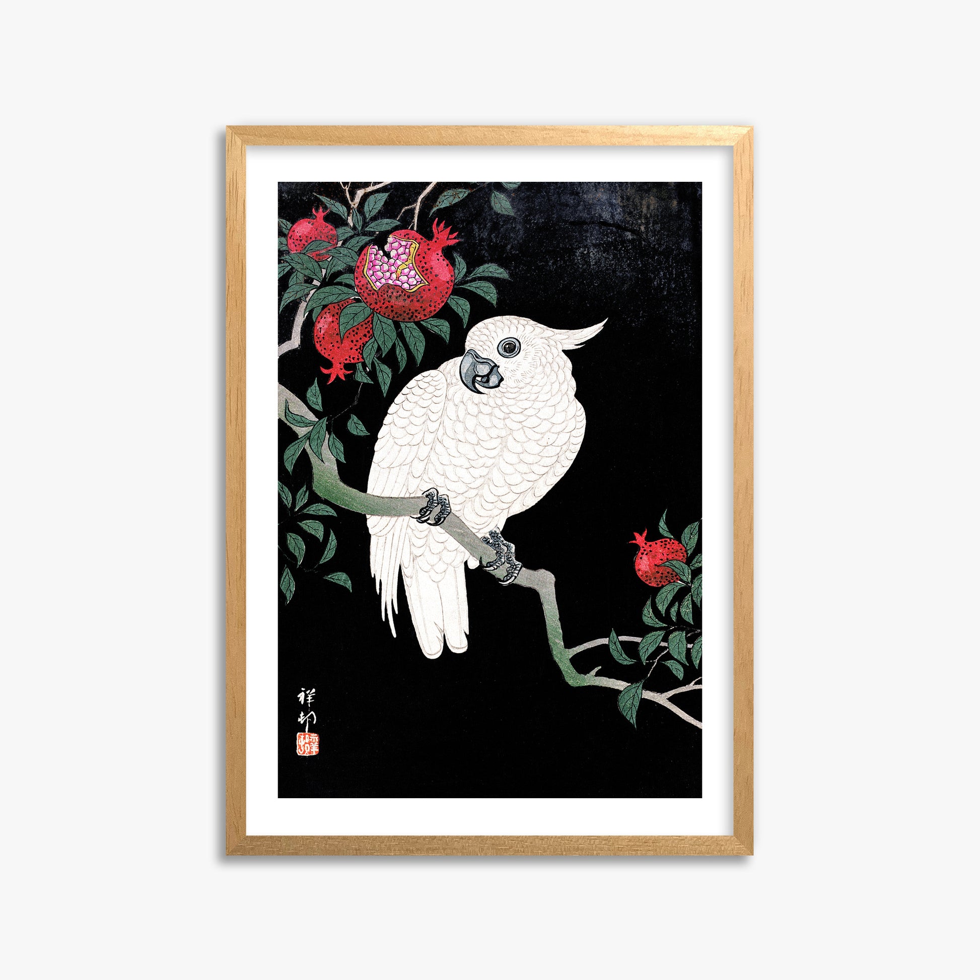 Ohara Koson: Cockatoo and Pomegranate, 50x70cm Framed Art Reproduction With Oak Frame