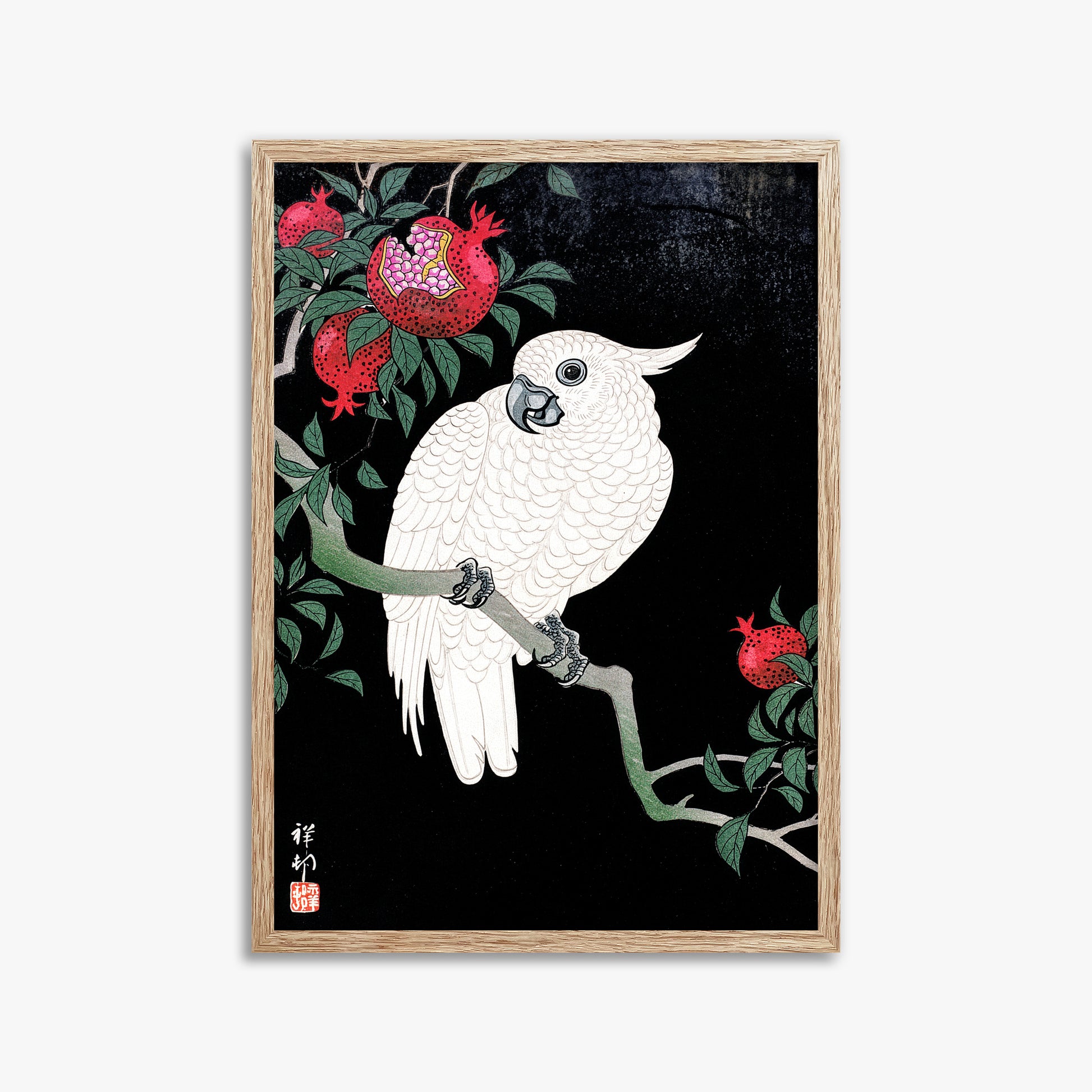 Ohara Koson: Cockatoo and Pomegranate, 50x70cm Framed Art Reproduction With Raw Oak Frame
