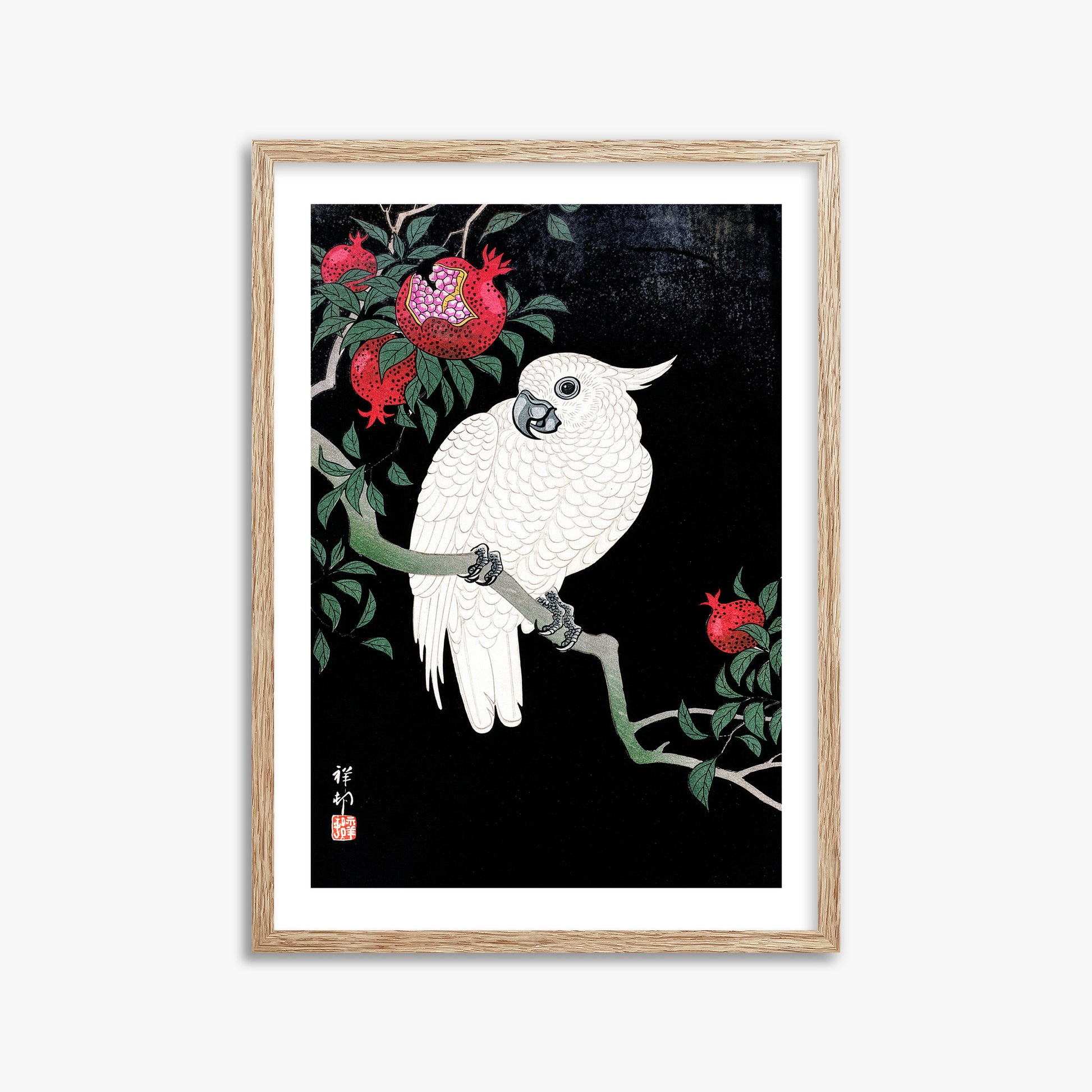 Ohara Koson: Cockatoo and Pomegranate, 50x70cm Framed Art Reproduction With Raw Oak Frame