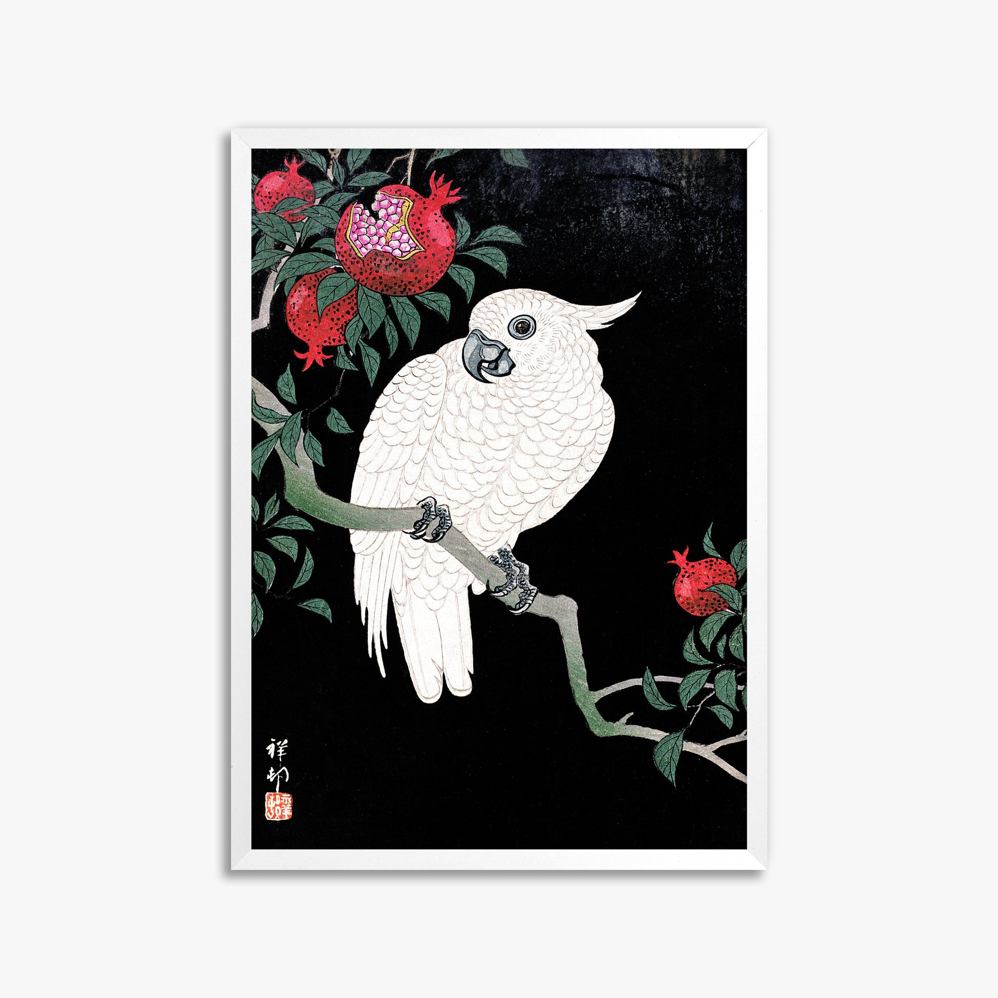 Ohara Koson: Cockatoo and Pomegranate, 50x70cm Framed Art Reproduction With White Frame