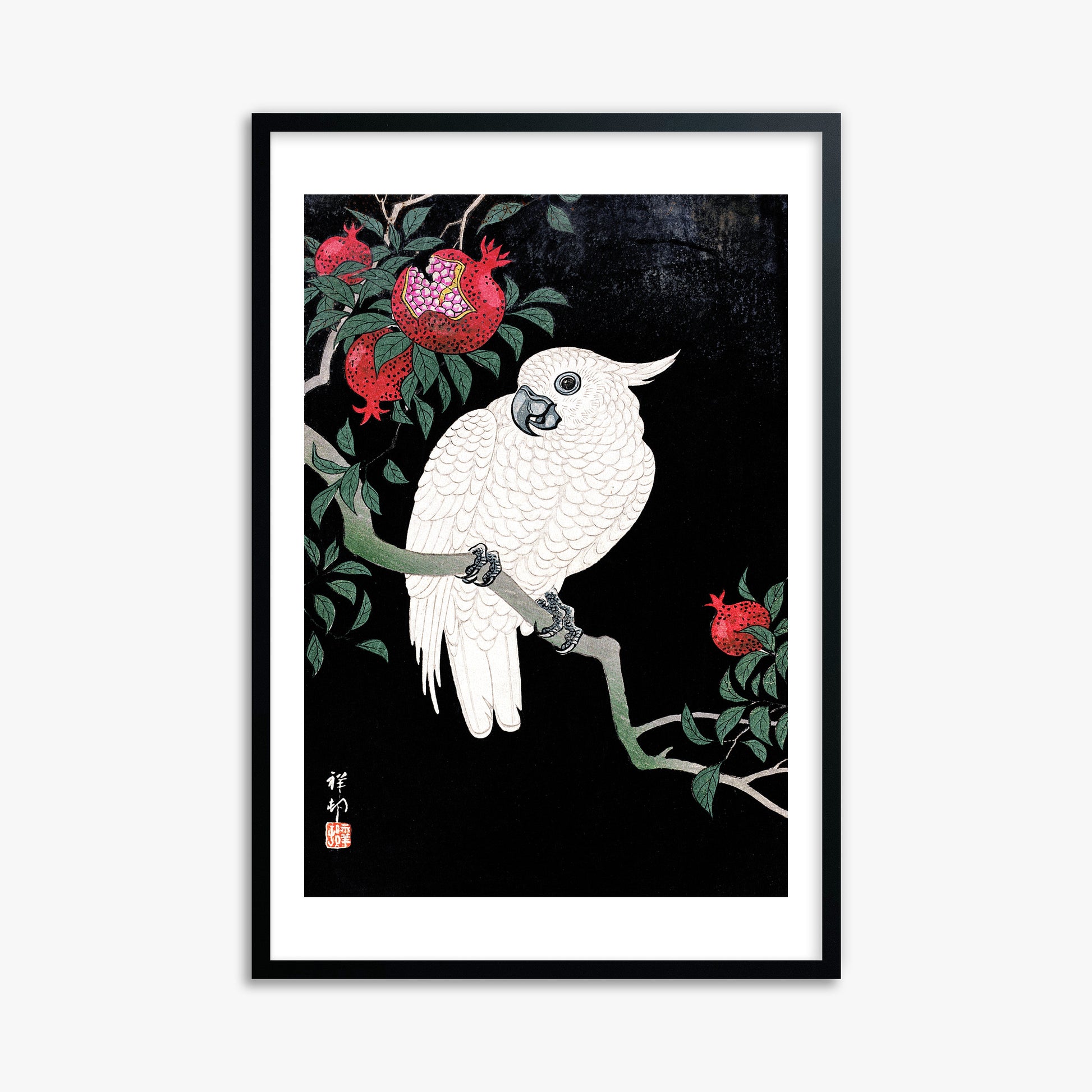 Ohara Koson: Cockatoo and Pomegranate, 61x91cm Framed Art Reproduction With Black Frame