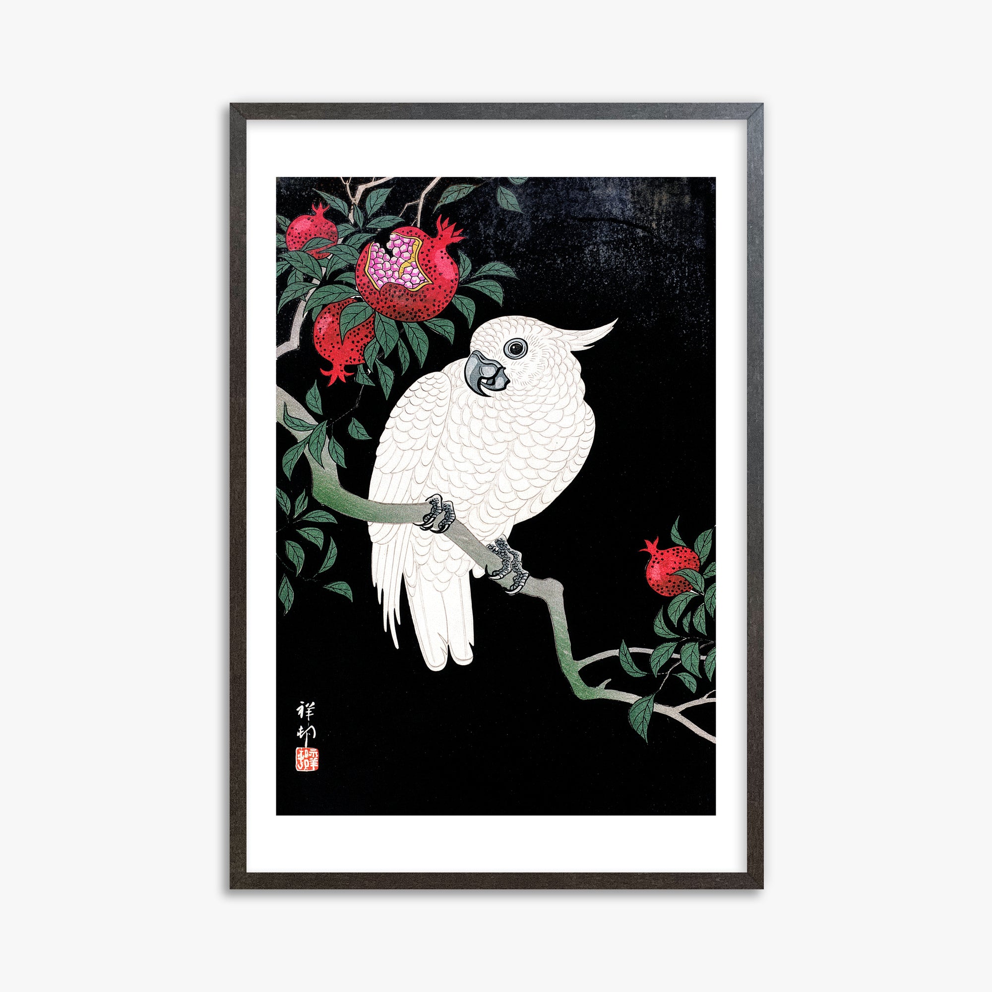 Ohara Koson: Cockatoo and Pomegranate, 61x91cm Framed Art Reproduction With Espresso Frame