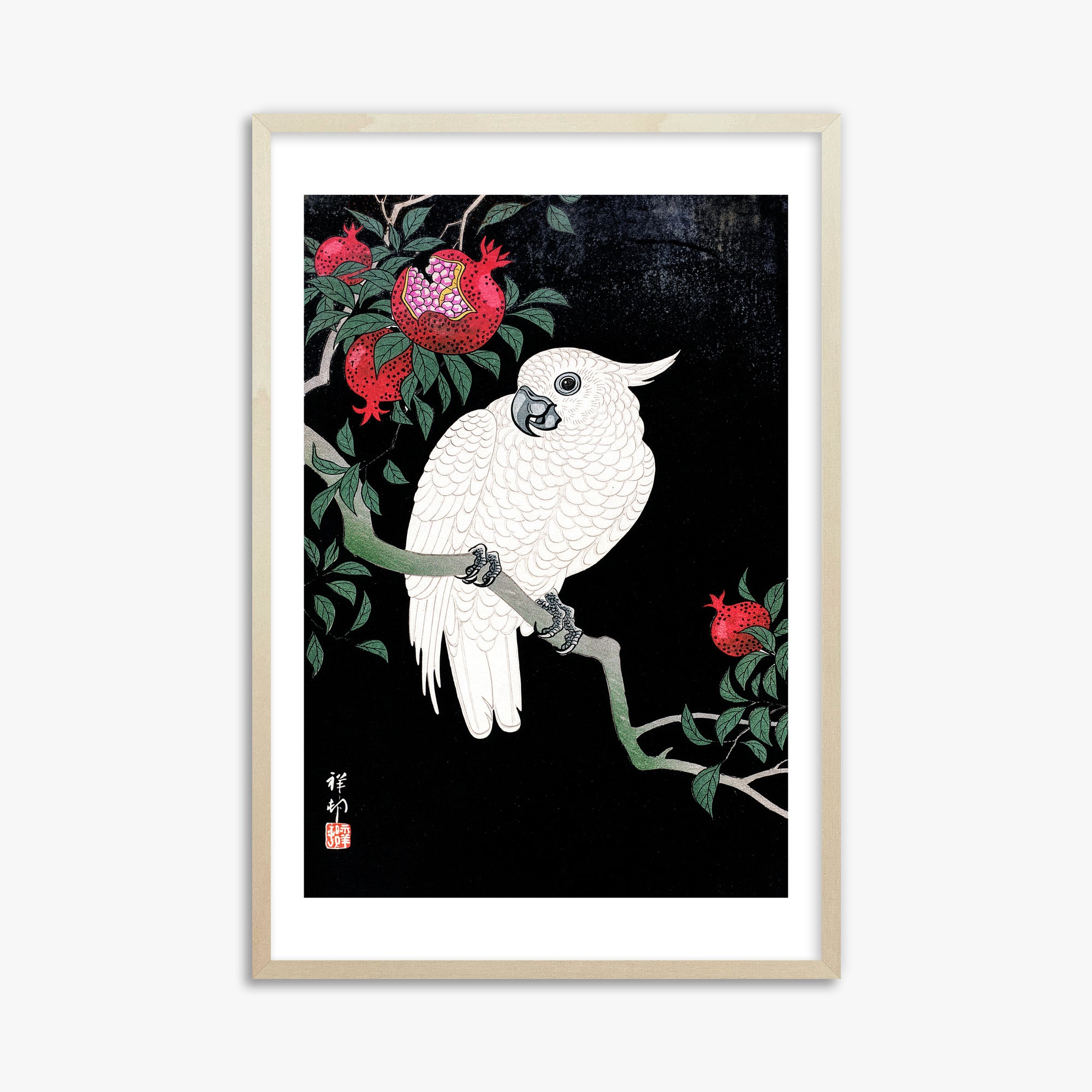 Ohara Koson: Cockatoo and Pomegranate, 61x91cm Framed Art Reproduction With Lime Wood Frame