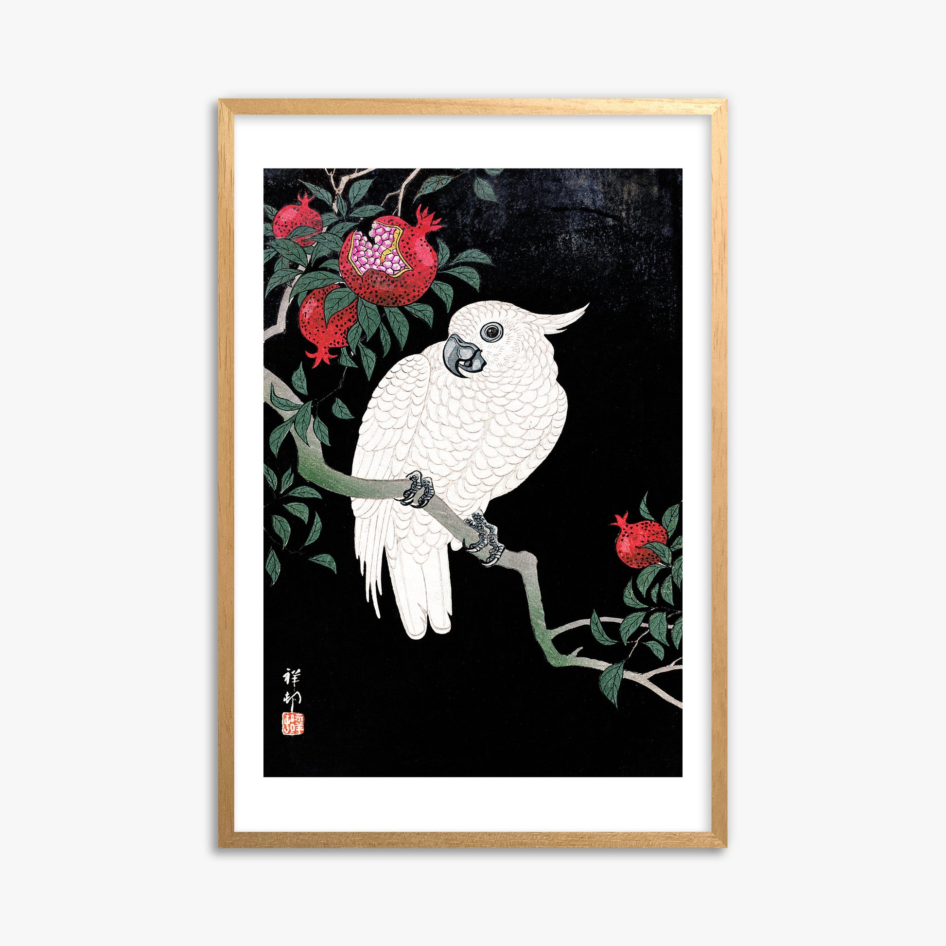 Ohara Koson: Cockatoo and Pomegranate, 61x91cm Framed Art Reproduction With Oak Frame