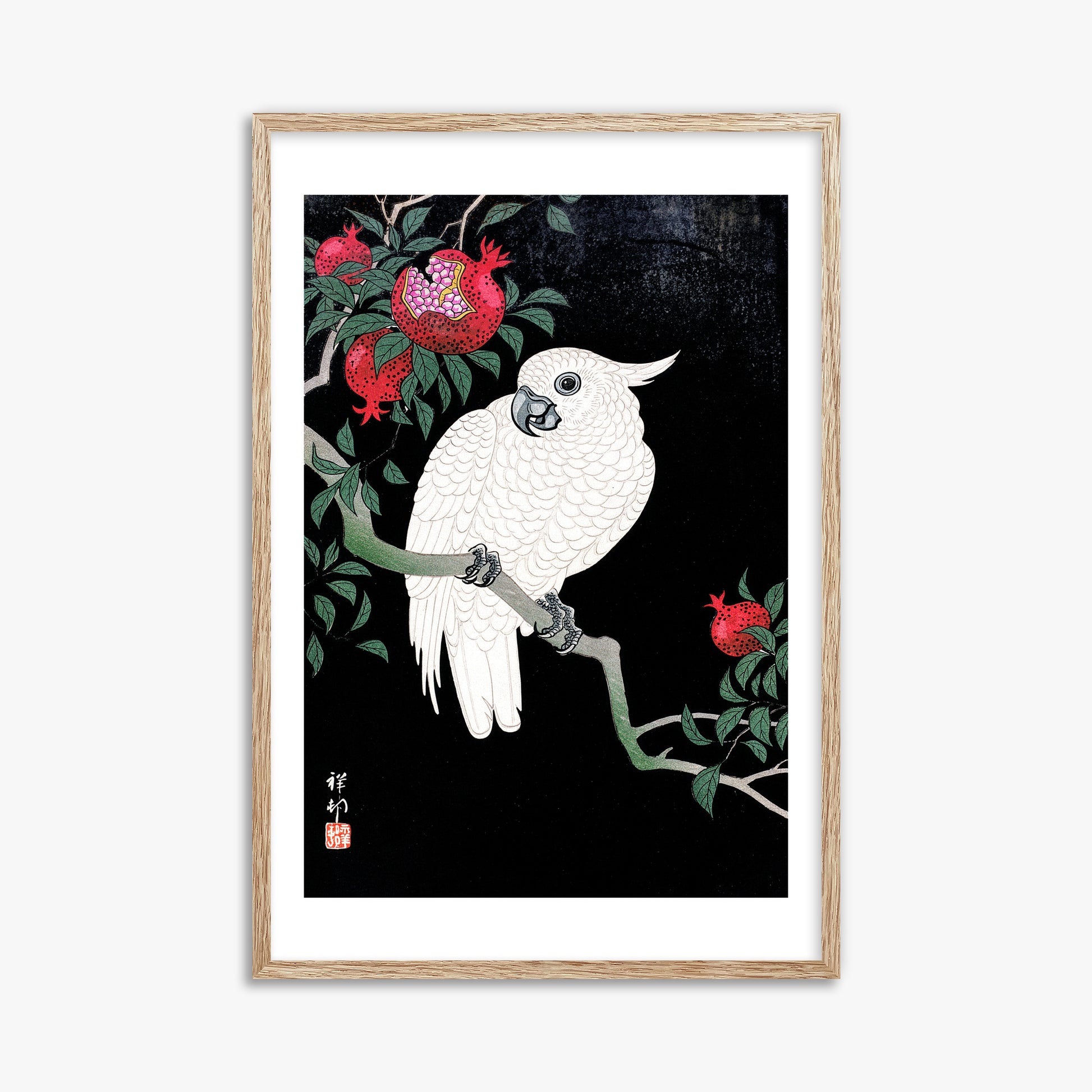 Ohara Koson: Cockatoo and Pomegranate, 61x91cm Framed Art Reproduction With Raw Oak Frame