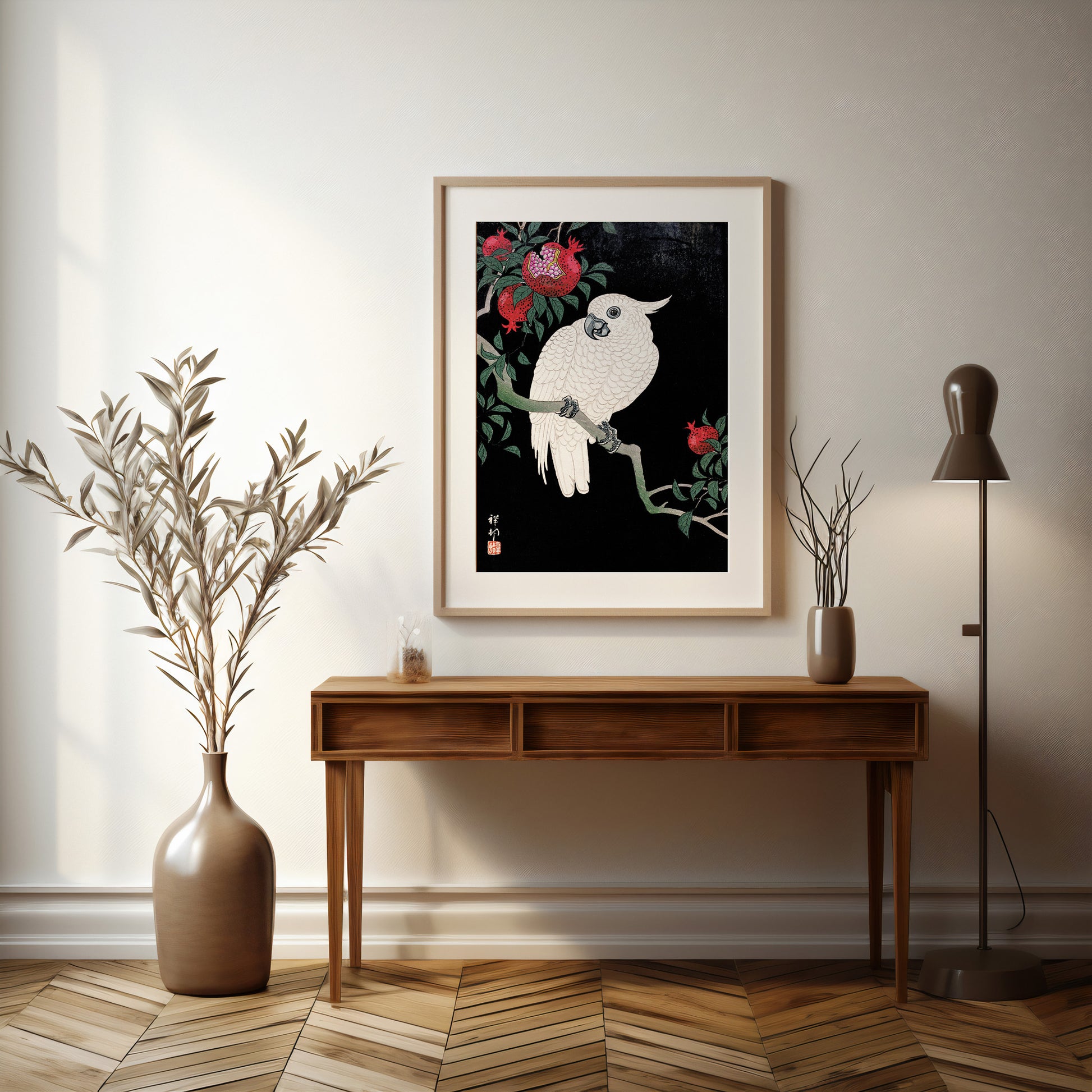 Design Concept No. 37 for Ohara Koson: Cockatoo and Pomegranate Japanese Wall Art