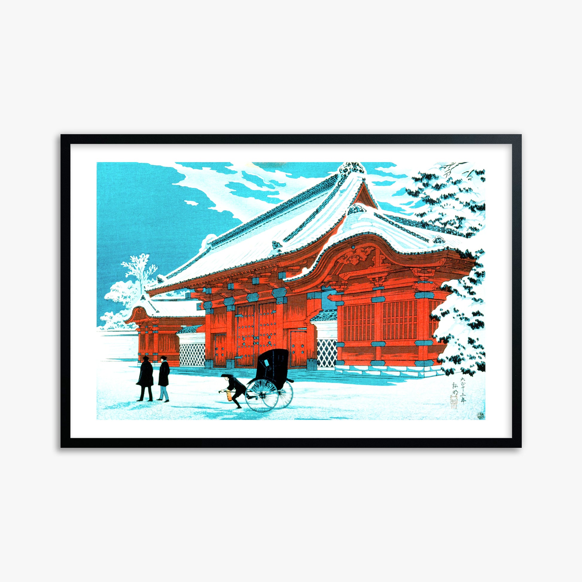 Takahashi Hiroaki (Shōtei): The Red Gate of Hongo in Snow, 61x91cm Framed Art Reproduction With Black Frame