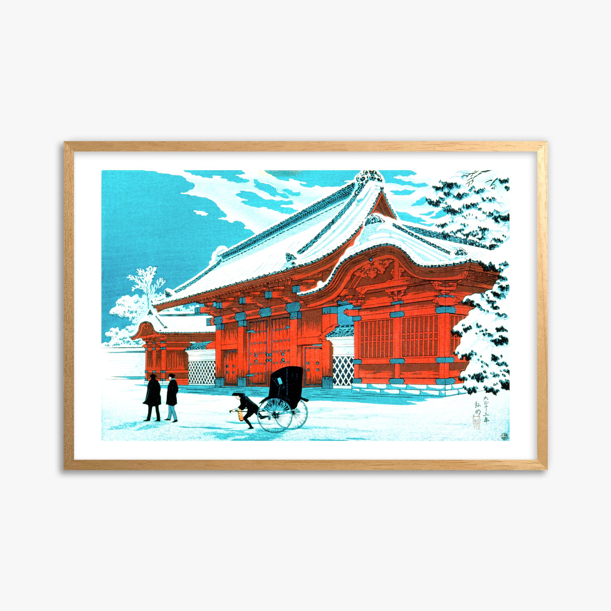 Takahashi Hiroaki (Shōtei): The Red Gate of Hongo in Snow, 61x91cm Framed Art Reproduction With Oak Frame