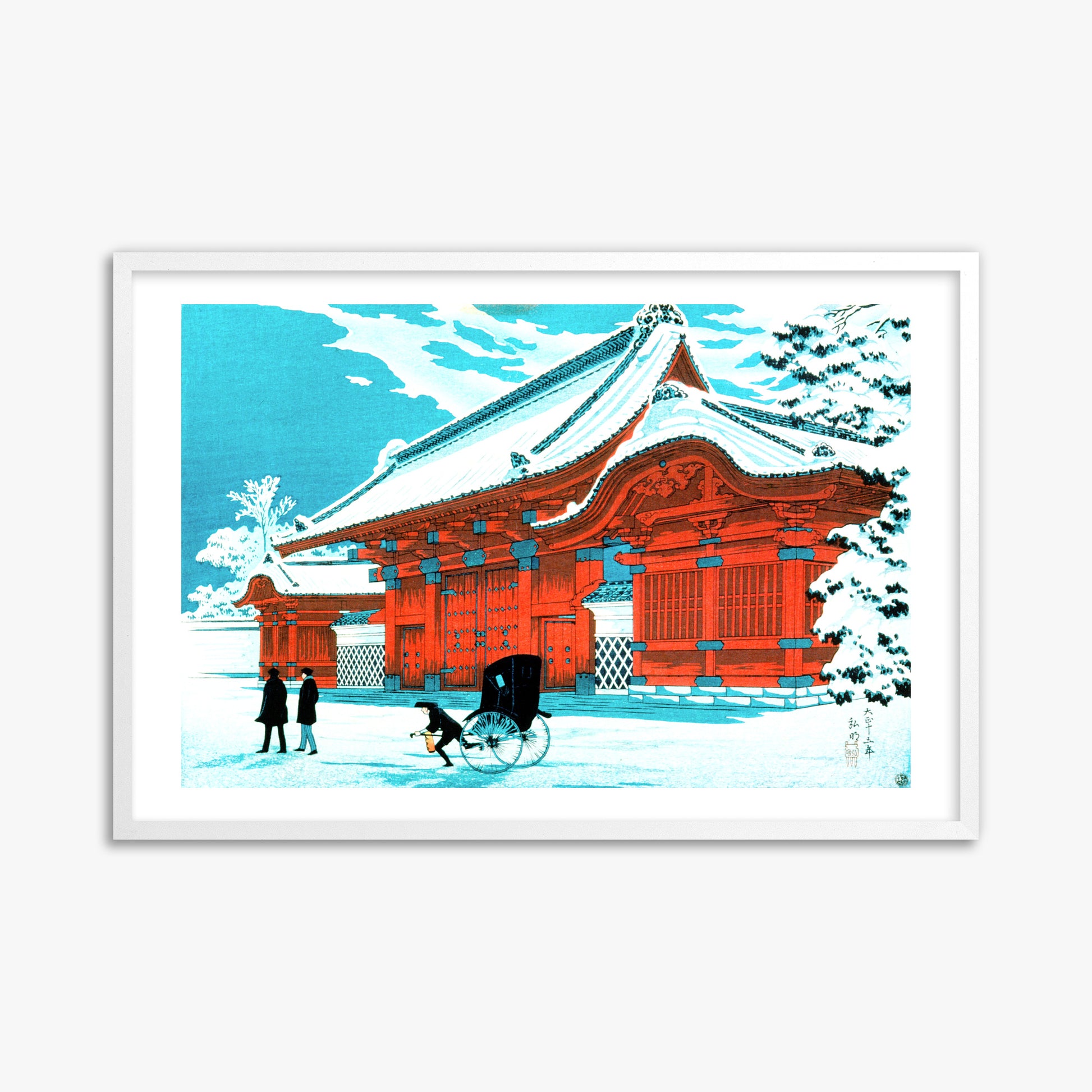 Takahashi Hiroaki (Shōtei): The Red Gate of Hongo in Snow, 61x91cm Framed Art Reproduction With White Frame