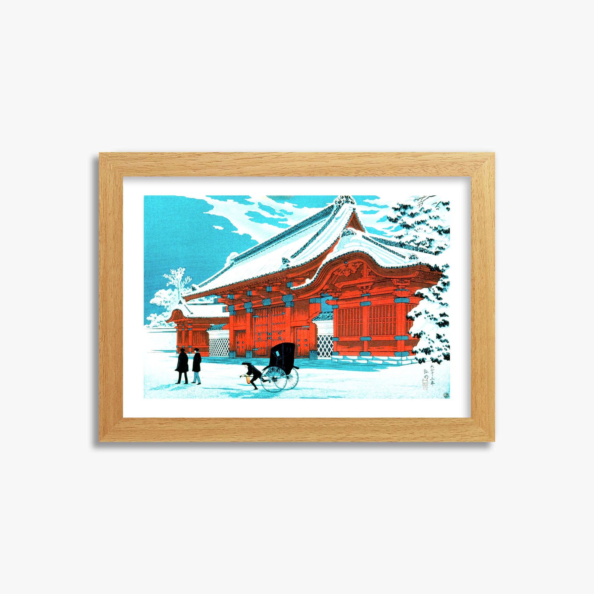 Takahashi Hiroaki (Shōtei): The Red Gate of Hongo in Snow, 21x30cm Framed Art Reproduction With Oak Frame