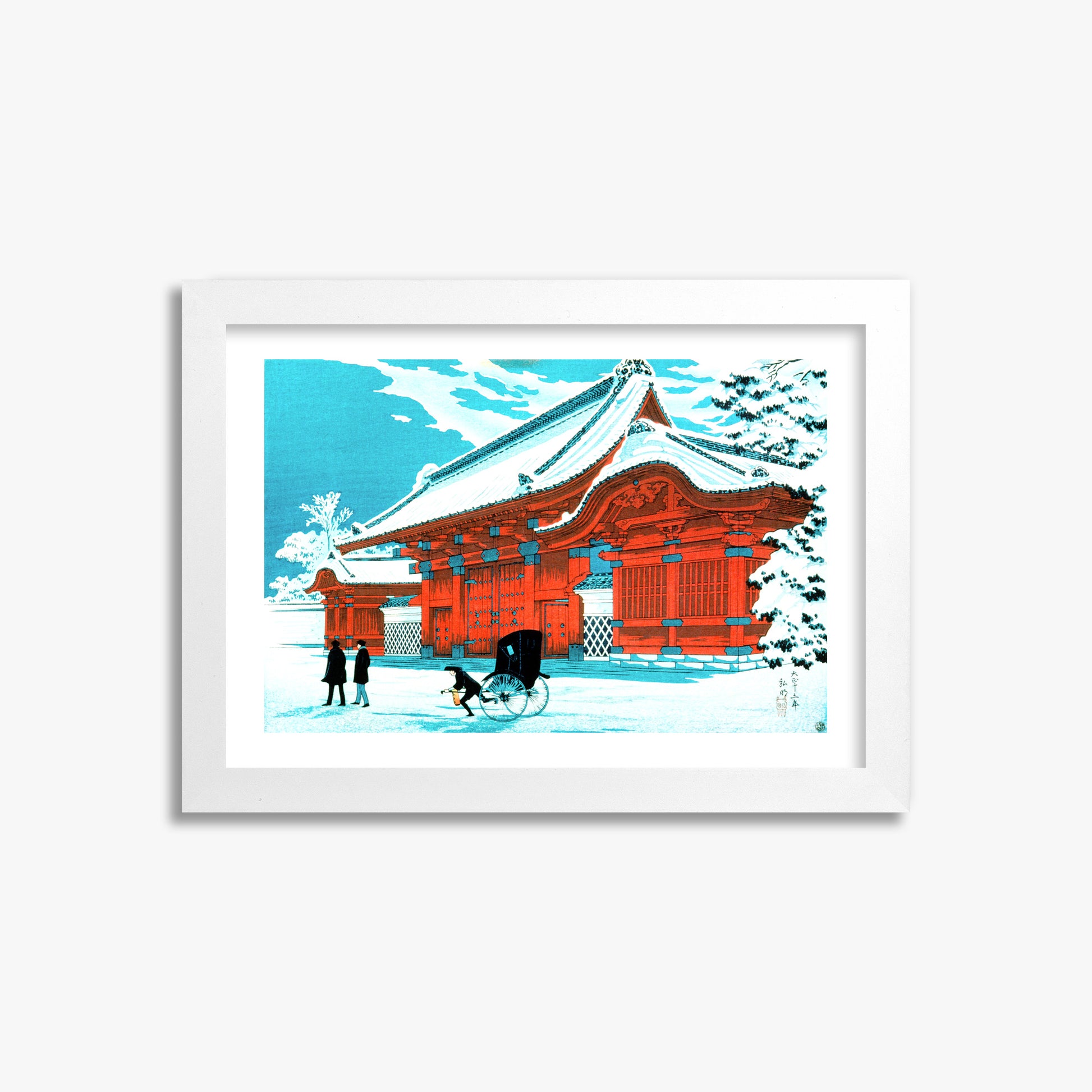 Takahashi Hiroaki (Shōtei): The Red Gate of Hongo in Snow, 21x30cm Framed Art Reproduction With White Frame