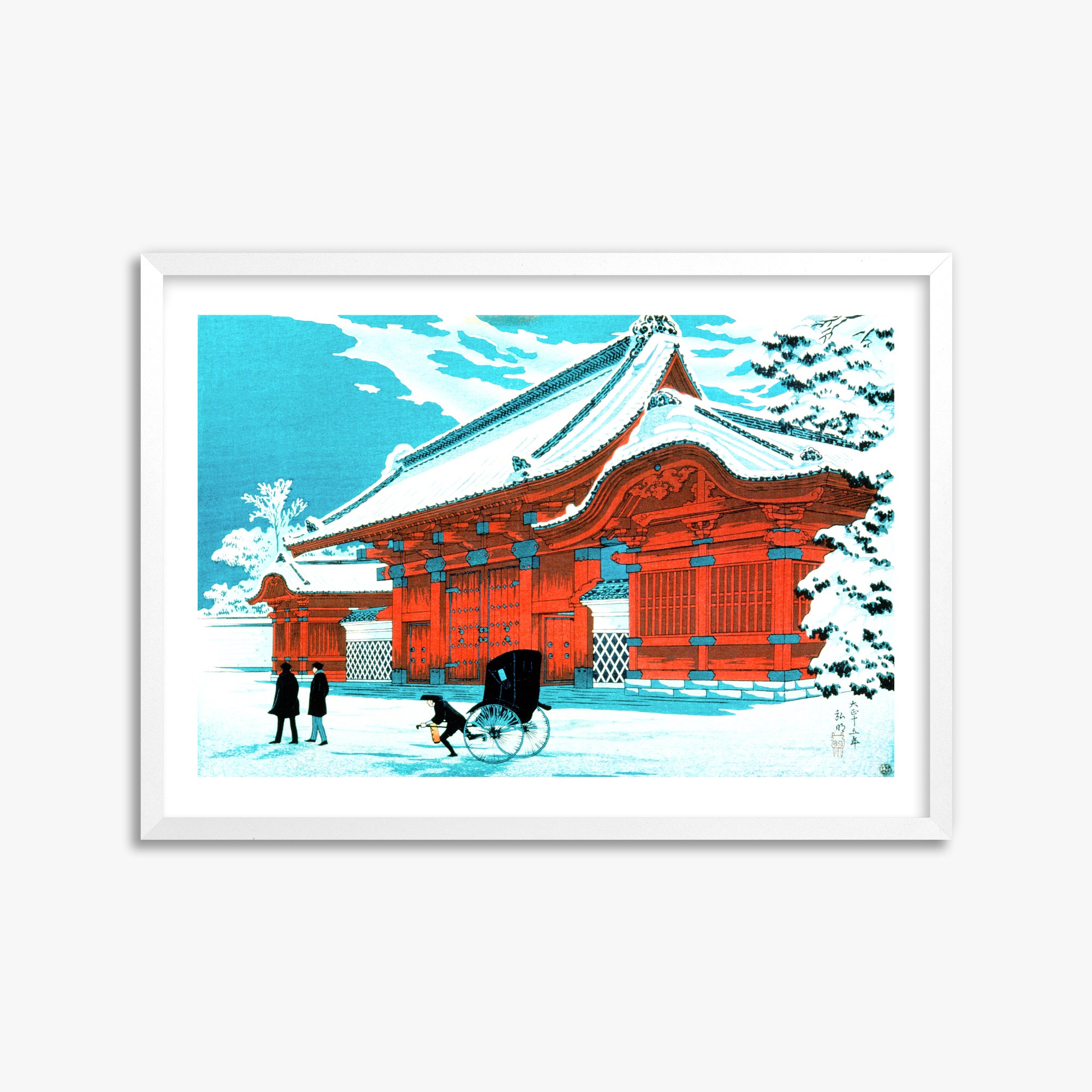 Takahashi Hiroaki (Shōtei): The Red Gate of Hongo in Snow, 50x70cm Framed Art Reproduction With White Frame