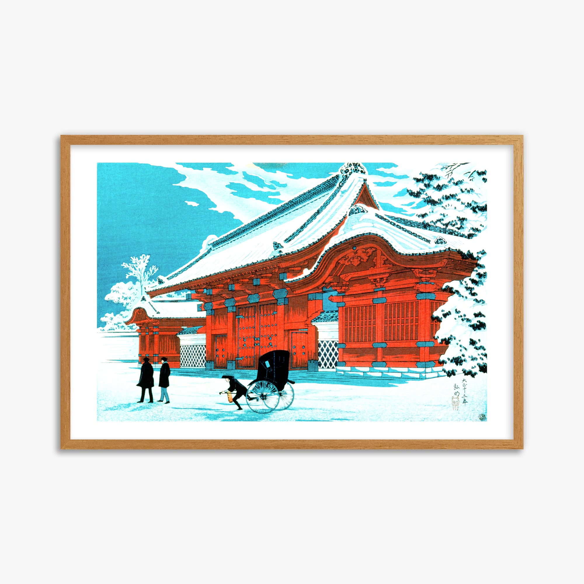 Takahashi Hiroaki (Shōtei): The Red Gate of Hongo in Snow, 61x91cm Framed Art Reproduction With Oak Frame