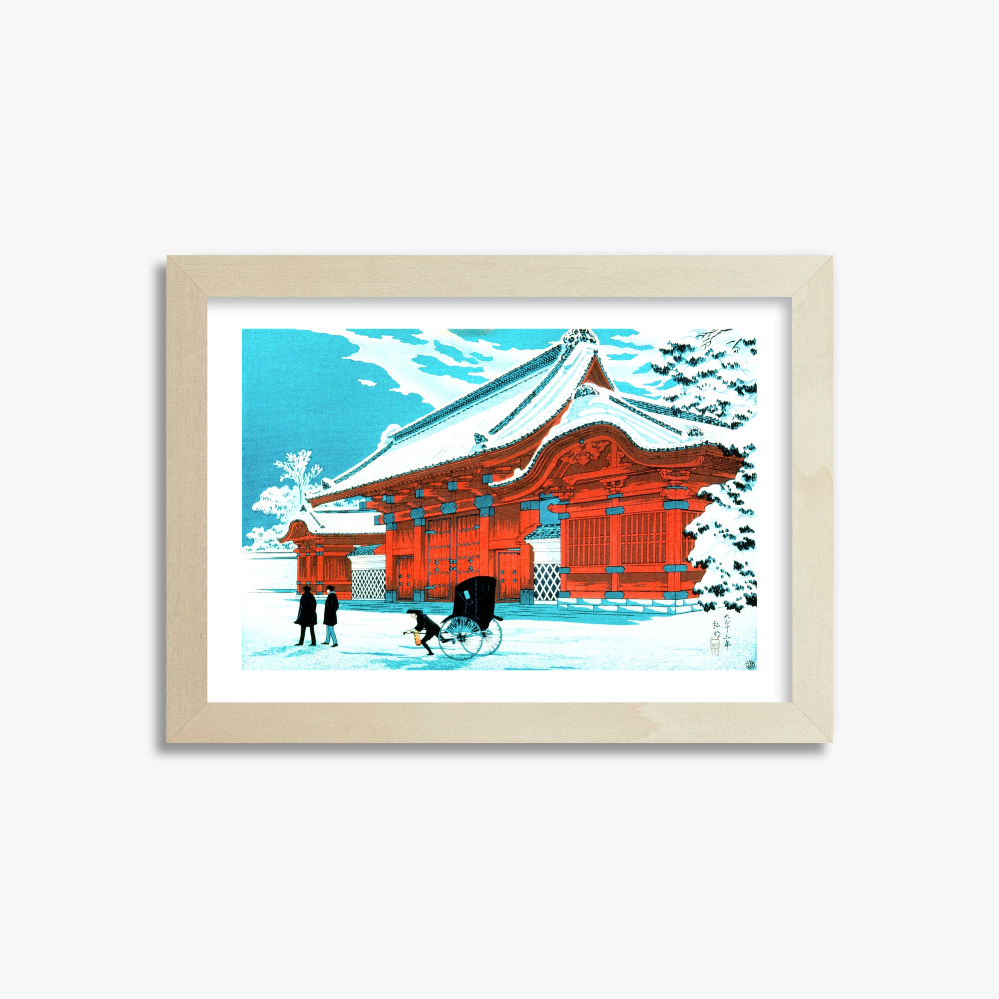 Takahashi Hiroaki (Shōtei): The Red Gate of Hongo in Snow, 21x30cm Framed Art Reproduction With Lime Wood Frame
