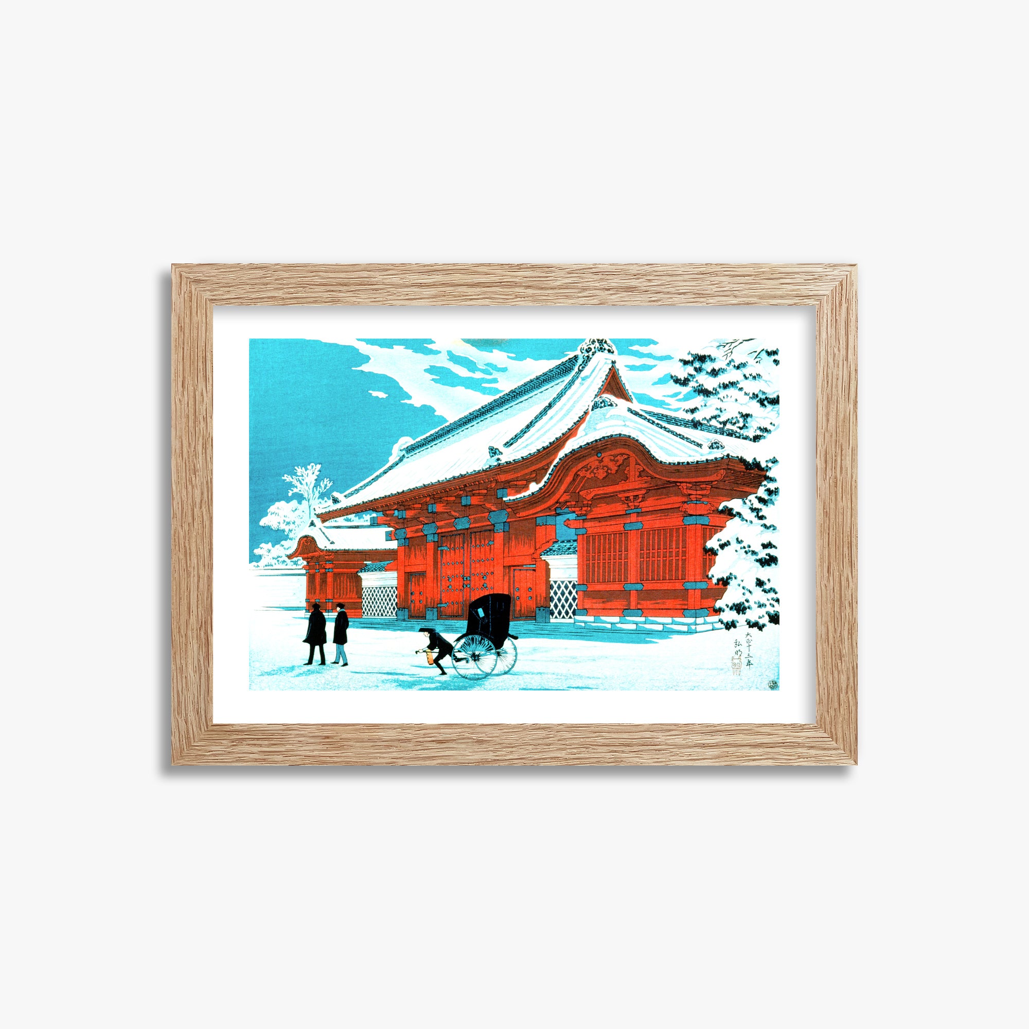 Takahashi Hiroaki (Shōtei): The Red Gate of Hongo in Snow, 21x30cm Framed Art Reproduction With Raw Oak Frame