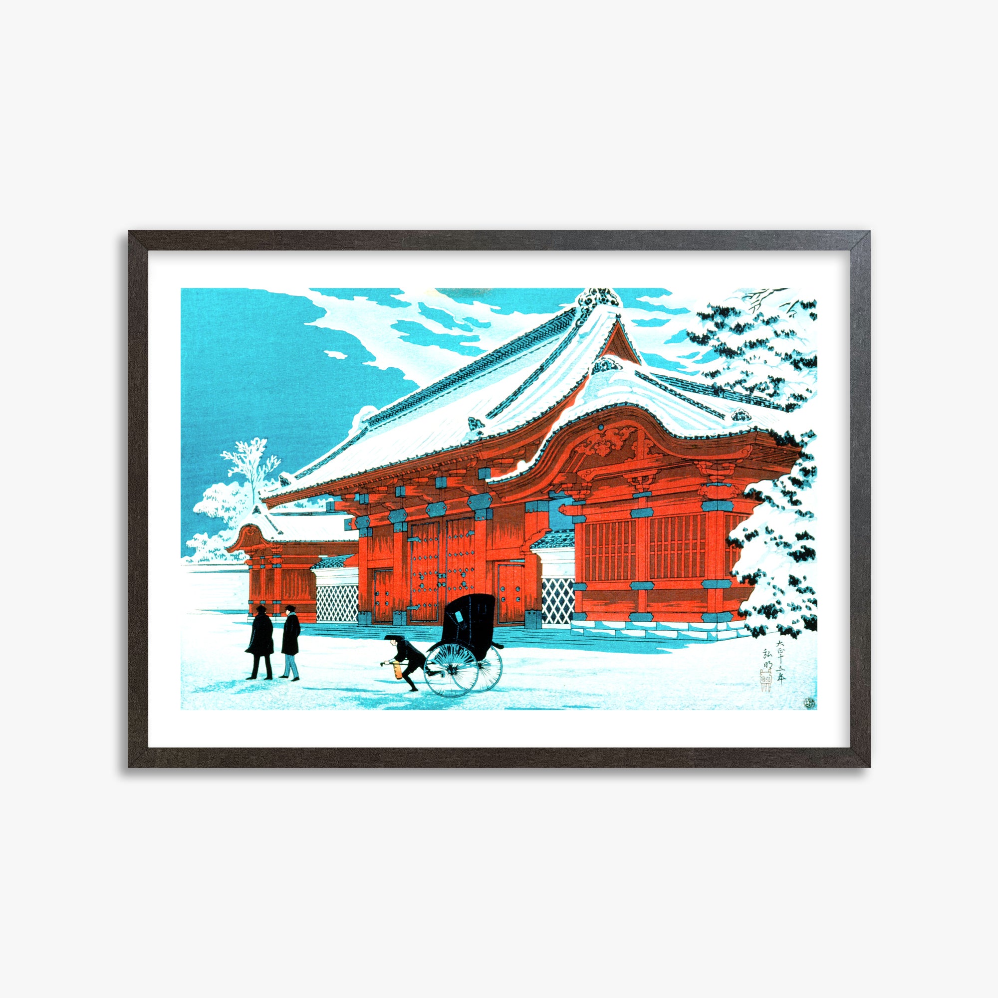 Takahashi Hiroaki (Shōtei): The Red Gate of Hongo in Snow, 50x70cm Framed Art Reproduction With Espresso Frame