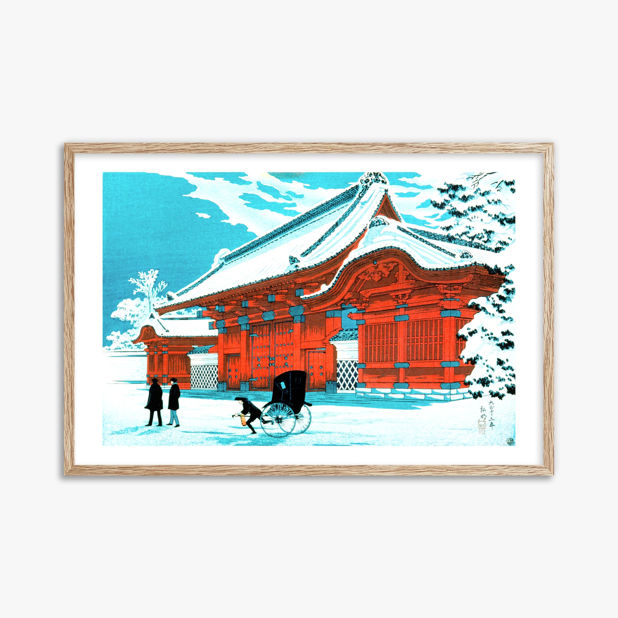 Takahashi Hiroaki (Shōtei): The Red Gate of Hongo in Snow, 61x91cm Framed Art Reproduction With Raw Oak Frame