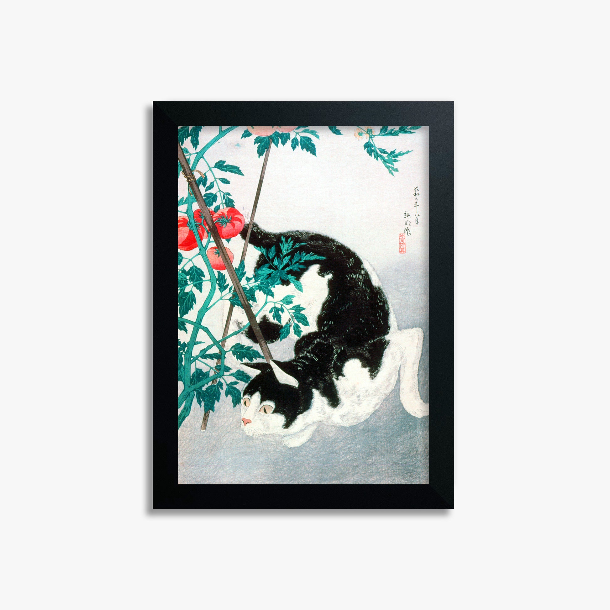 Takahashi Hiroaki (Shōtei): Cat with Tomato Plant, 21x30cm Framed Art Reproduction With Black Frame