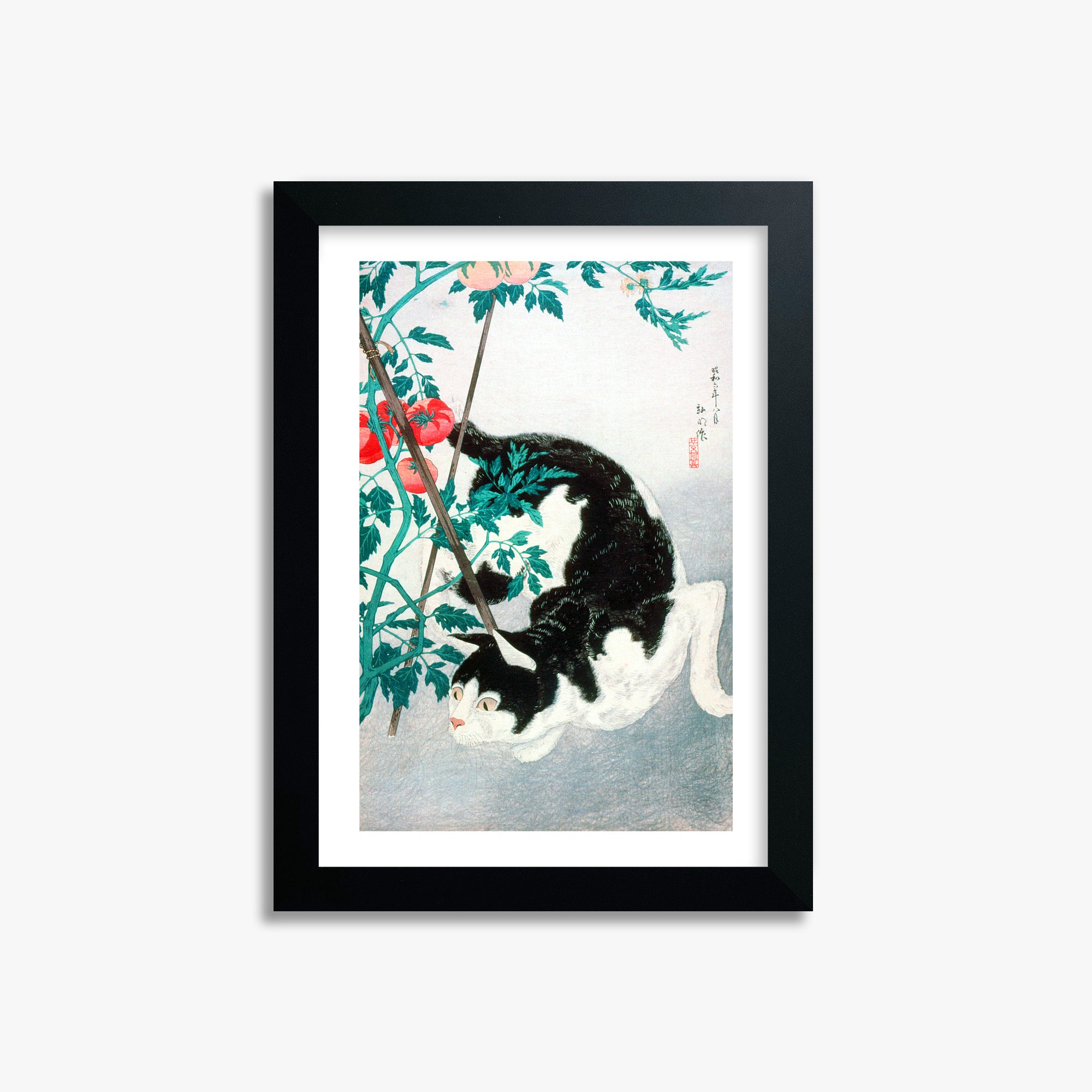 Takahashi Hiroaki (Shōtei): Cat with Tomato Plant, 21x30cm Framed Art Reproduction With Black Frame