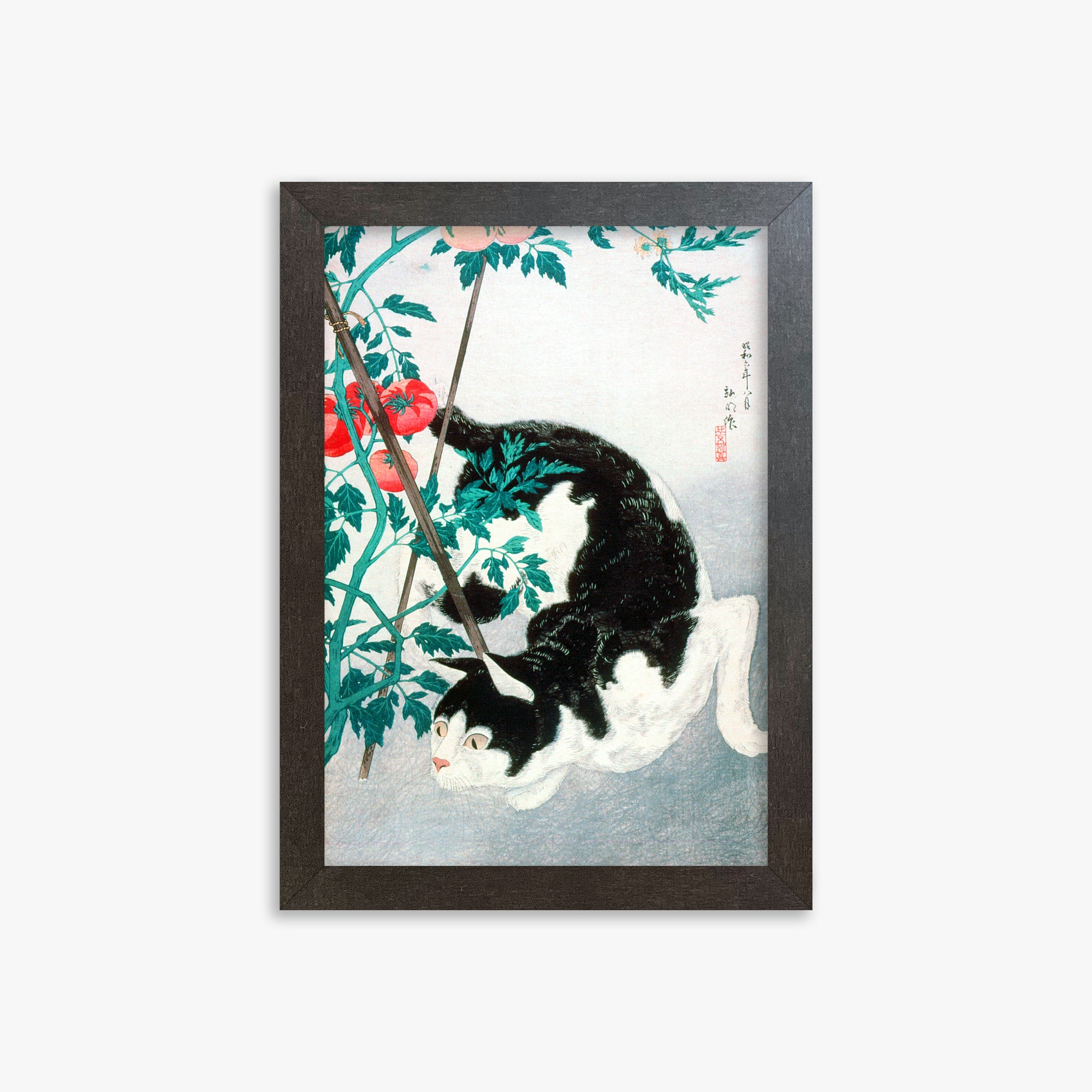 Takahashi Hiroaki (Shōtei): Cat with Tomato Plant, 21x30cm Framed Art Reproduction With Espresso Frame