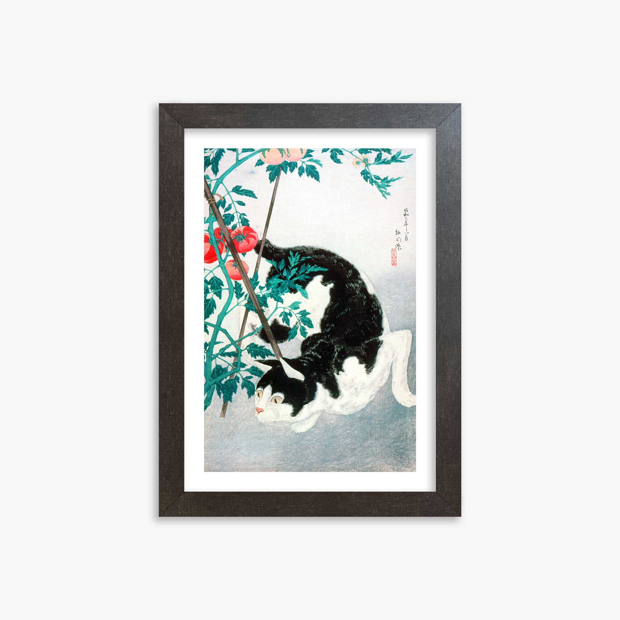 Takahashi Hiroaki (Shōtei): Cat with Tomato Plant, 21x30cm Framed Art Reproduction With Espresso Frame