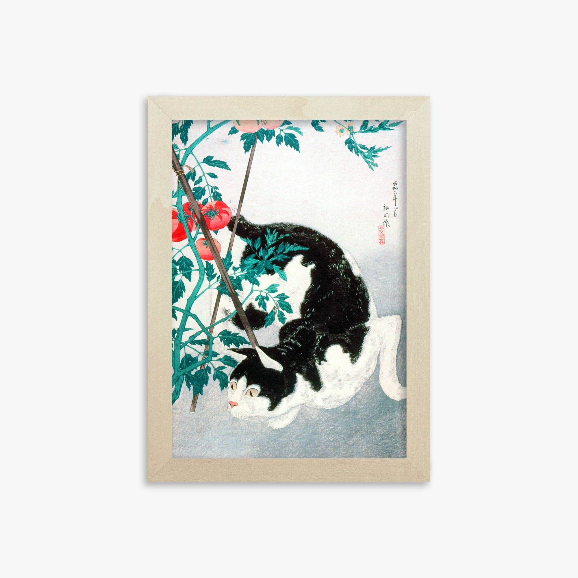 Takahashi Hiroaki (Shōtei): Cat with Tomato Plant, 21x30cm Framed Art Reproduction With Lime Wood Frame