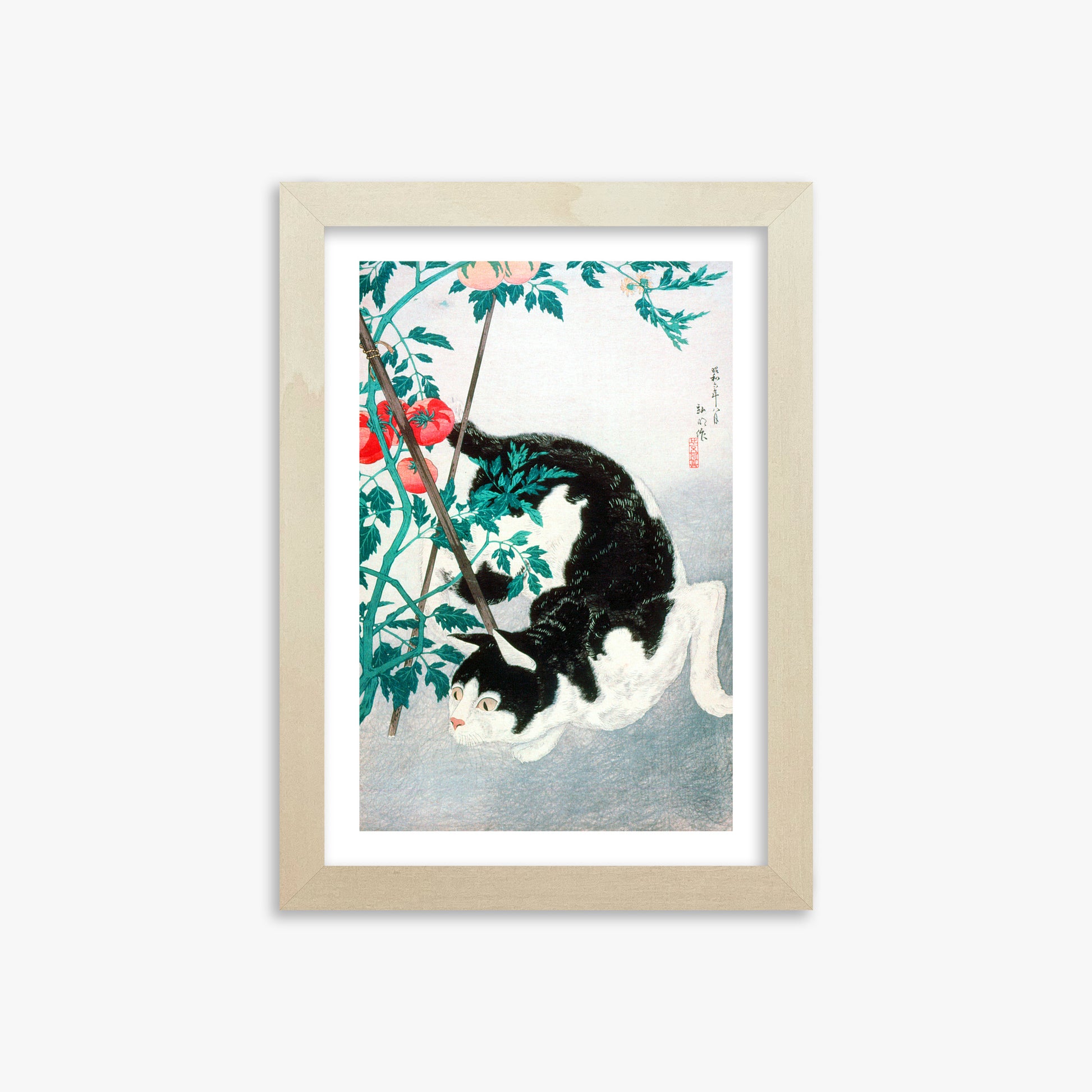 Takahashi Hiroaki (Shōtei): Cat with Tomato Plant, 21x30cm Framed Art Reproduction With Lime Wood Frame