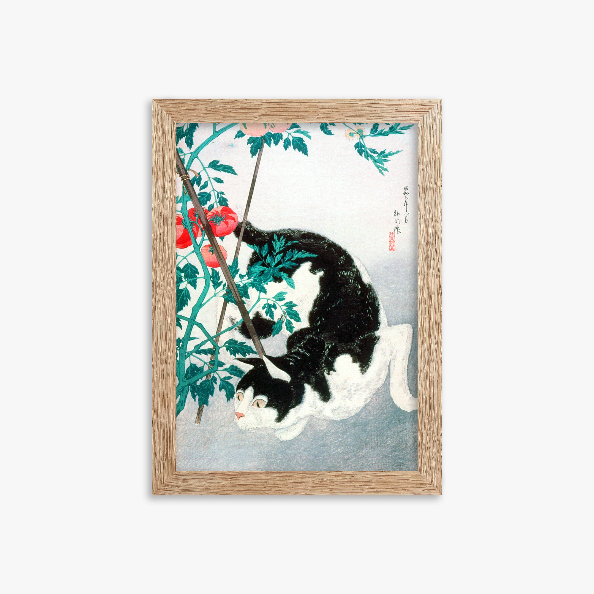 Takahashi Hiroaki (Shōtei): Cat with Tomato Plant, 21x30cm Framed Art Reproduction With Raw Oak Frame