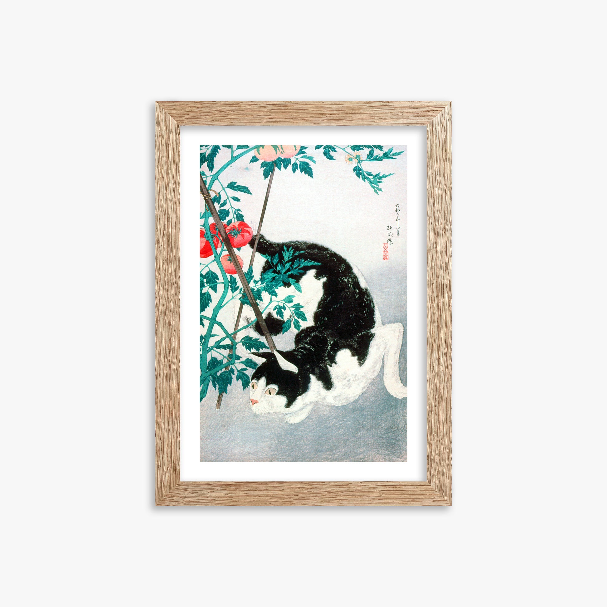 Takahashi Hiroaki (Shōtei): Cat with Tomato Plant, 21x30cm Framed Art Reproduction With Raw Oak Frame