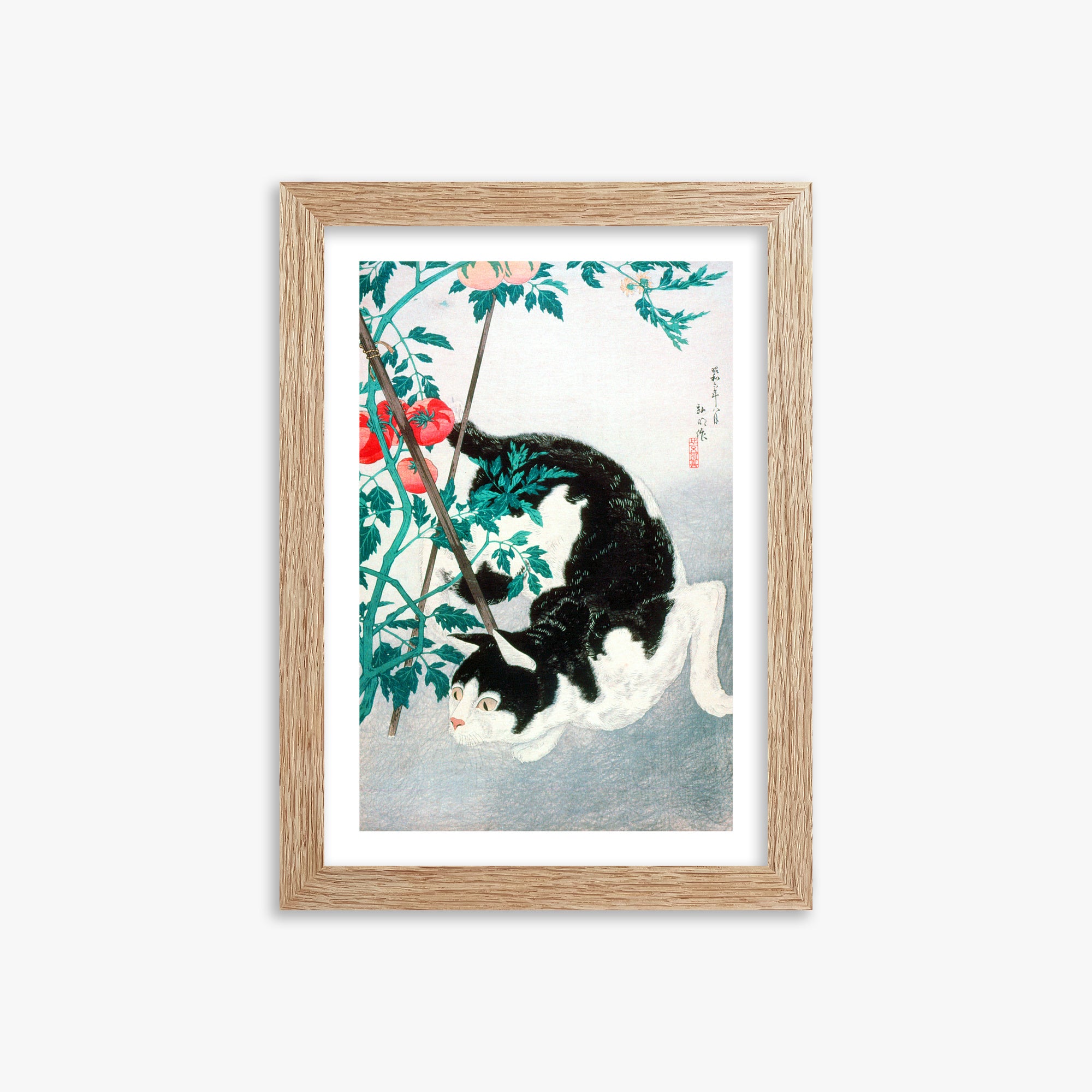 Takahashi Hiroaki (Shōtei): Cat with Tomato Plant, 21x30cm Framed Art Reproduction With Raw Oak Frame