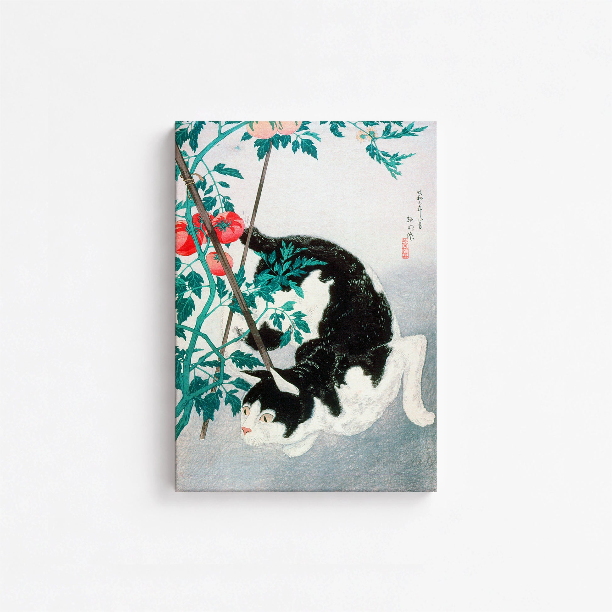 Takahashi Hiroaki (Shōtei): Cat with Tomato Plant, 21x30cm Satin Canvas Art Reproduction