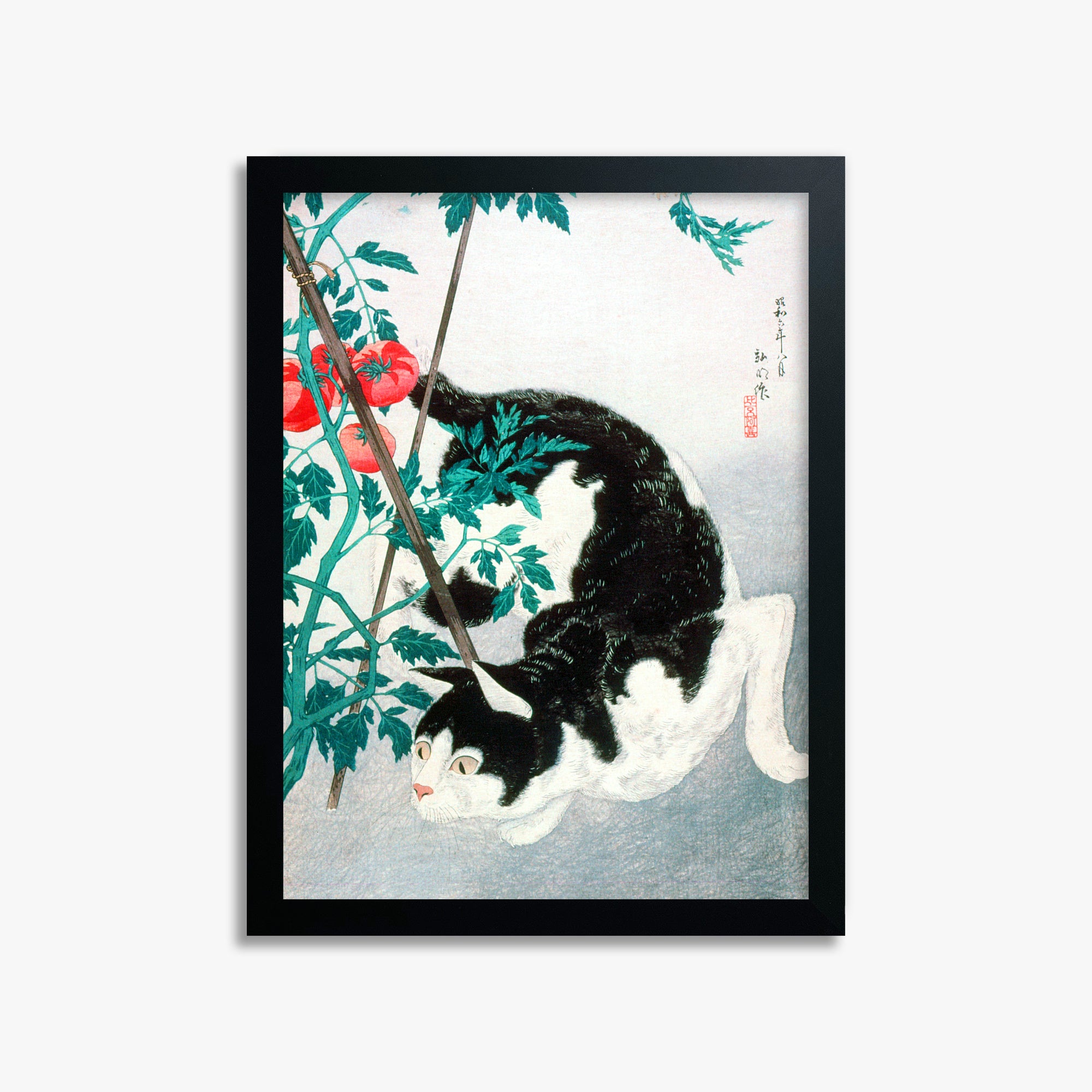Takahashi Hiroaki (Shōtei): Cat with Tomato Plant, 30x40cm Framed Art Reproduction With Black Frame