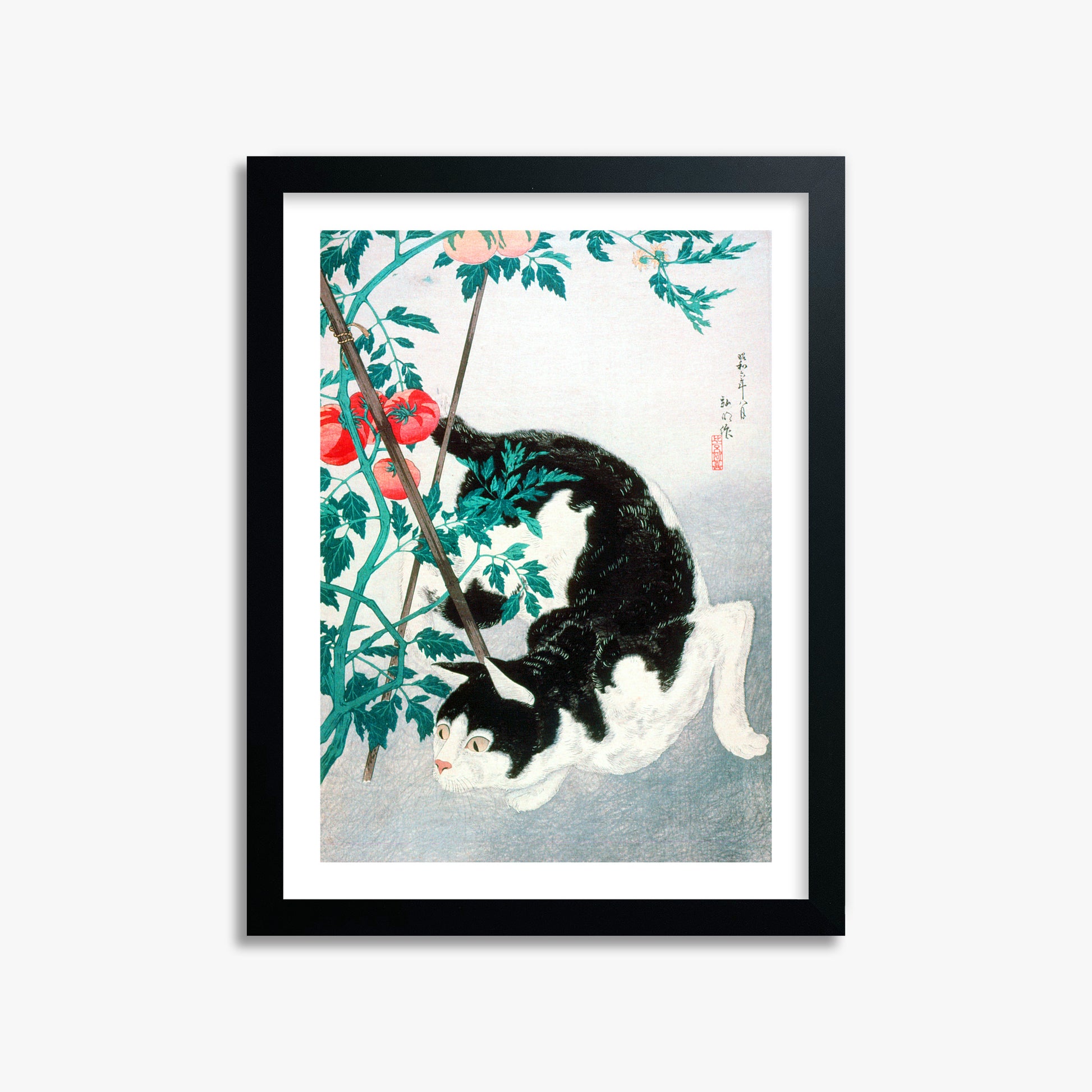 Takahashi Hiroaki (Shōtei): Cat with Tomato Plant, 30x40cm Framed Art Reproduction With Black Frame