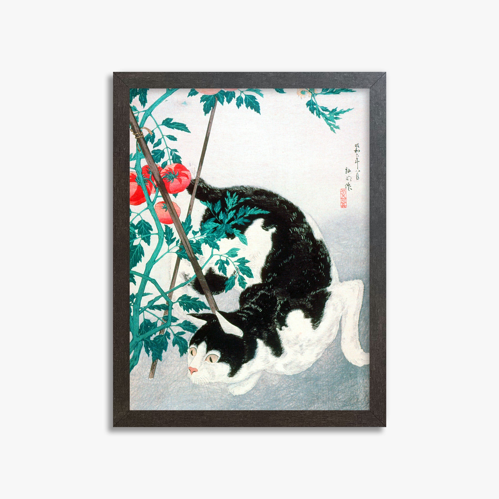 Takahashi Hiroaki (Shōtei): Cat with Tomato Plant, 30x40cm Framed Art Reproduction With Espresso Frame