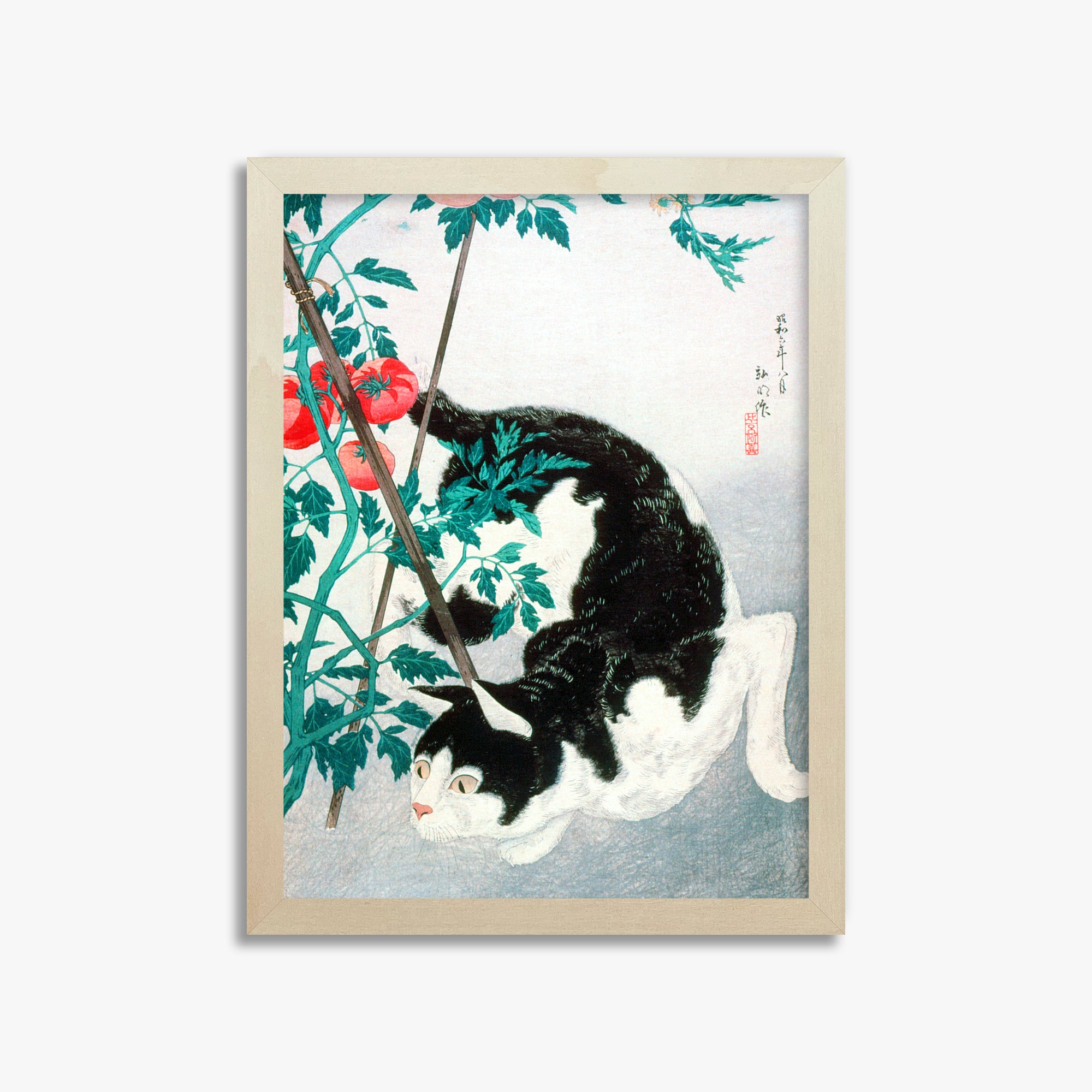 Takahashi Hiroaki (Shōtei): Cat with Tomato Plant, 30x40cm Framed Art Reproduction With Lime Wood Frame